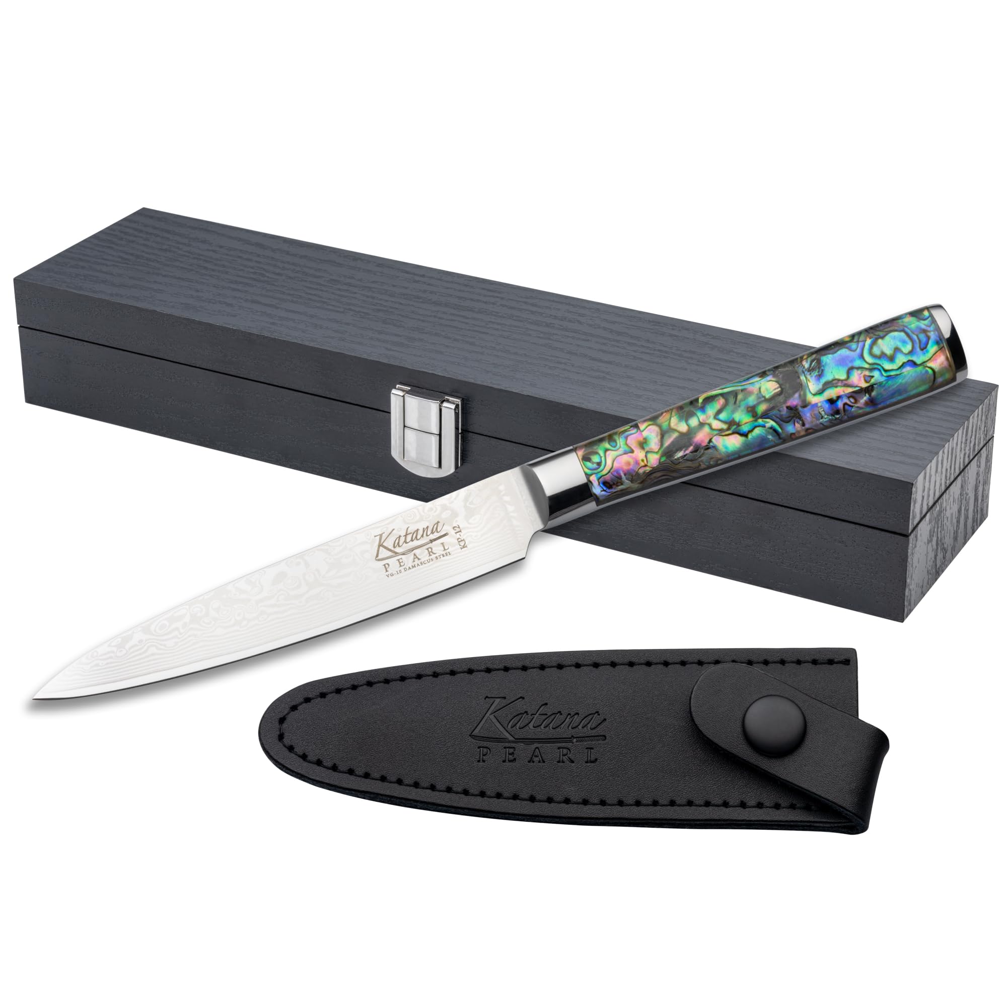 Katana Saya Pearl Blue Pearl 12Cm Utility Knife, Japanese 67-Layer Vg-10 Damascus Stainless Steel, Acrylic Handle With Abalone Pattern, Japanese Style Kitchen Knife