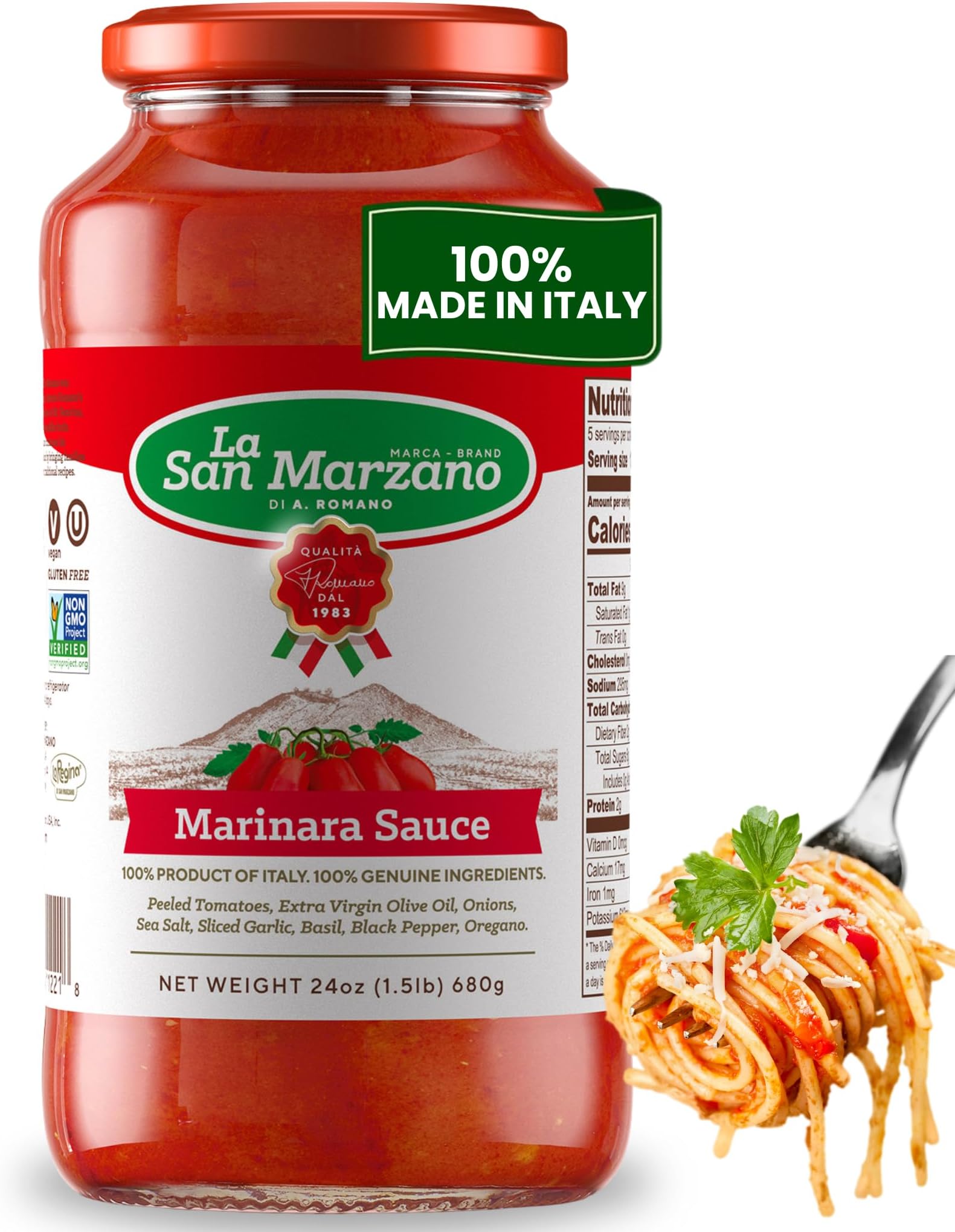 La San Marzano Marinara Sauce, 24 oz, Pasta Sauce Made in Italy, All Purpose Tomato Premium Quality, All Natural, Mediterranean Diet, Non GMO, Vegan, Gluten Free
