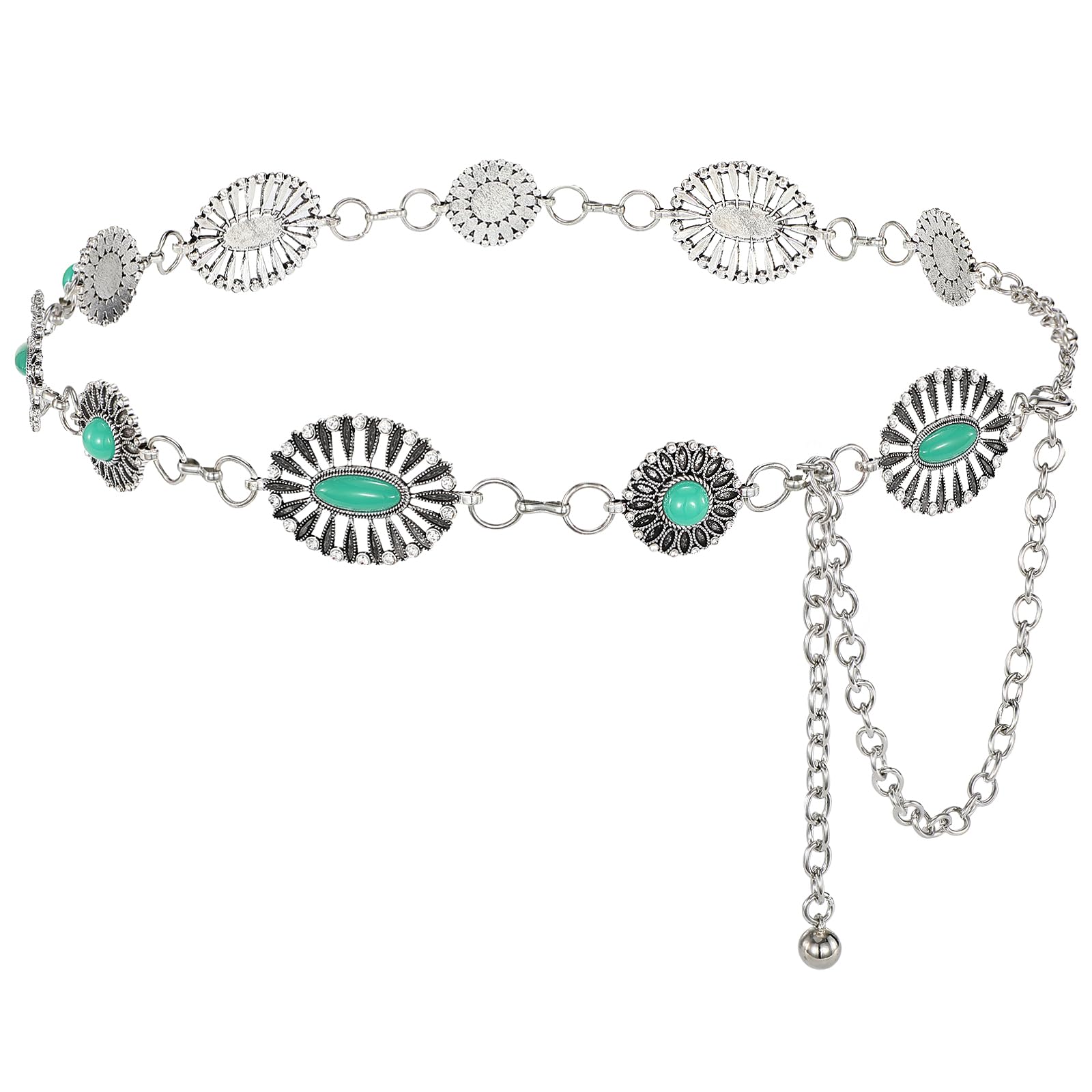 VONMELLI Western Silver Chain Belt for Women Cowgirl Metal Concho Belt Turquoise Waist Chain for Dresses Jeans