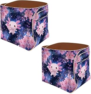 Vcedizo 2PCS Collapsible Leather Storage Bin Decorative Desk Organizer for Jewelry Makeup Pen Pencil Glasses Remote Controller Storage, Galaxy Axolotl Cherry Blossom