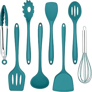 Homikit Juego de utensilios de cocina, 8 piezas, de silicona, con espátula, resistentes al calor, utensilios de cocina para cocinar, saludables y antiadherentes, aptos para lavavajillas, color azul