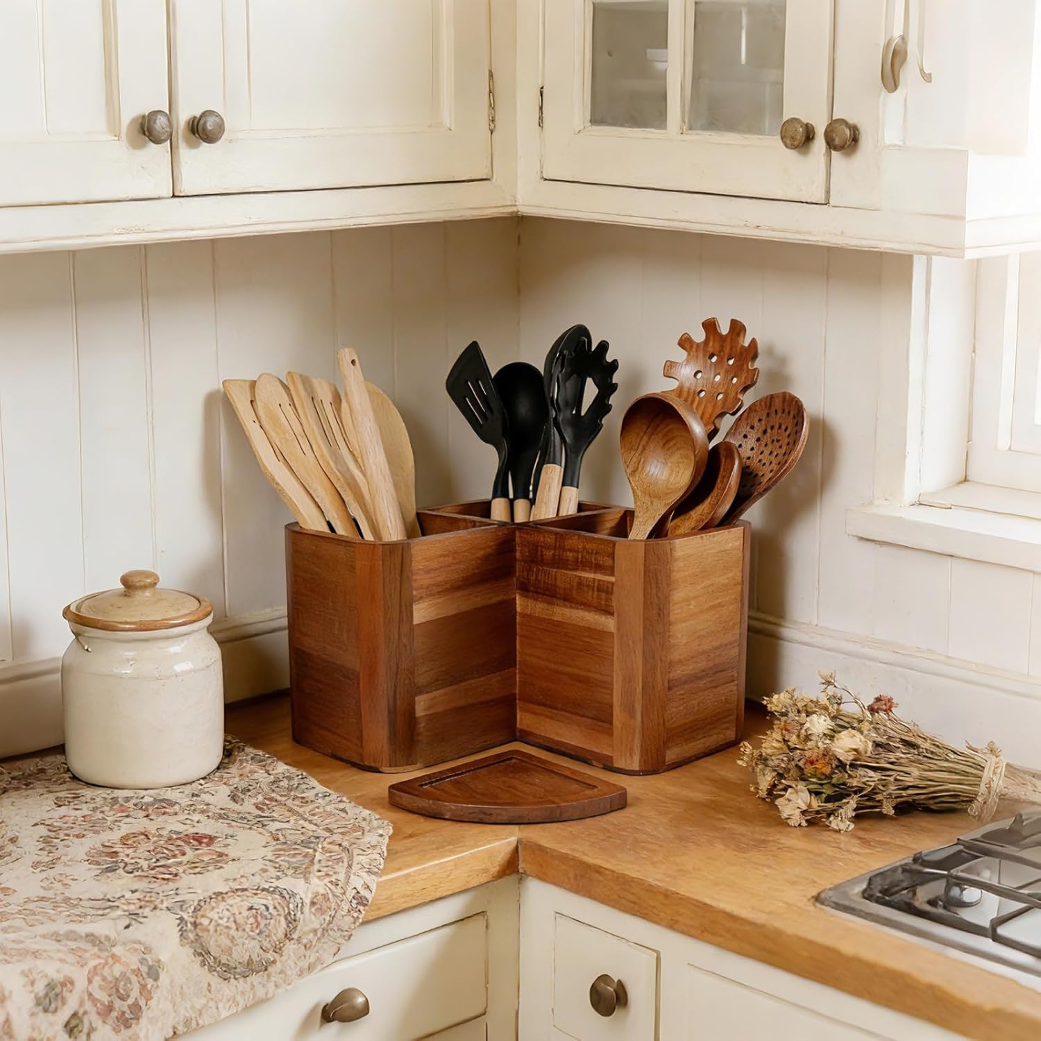Large Kitchen Utensils Holder with 3 Compartments,Corner Utensil Caddy for Countertop,Acacia Wooden Utensil Organizer for Kitchen Countertop, Farmhouse Decor