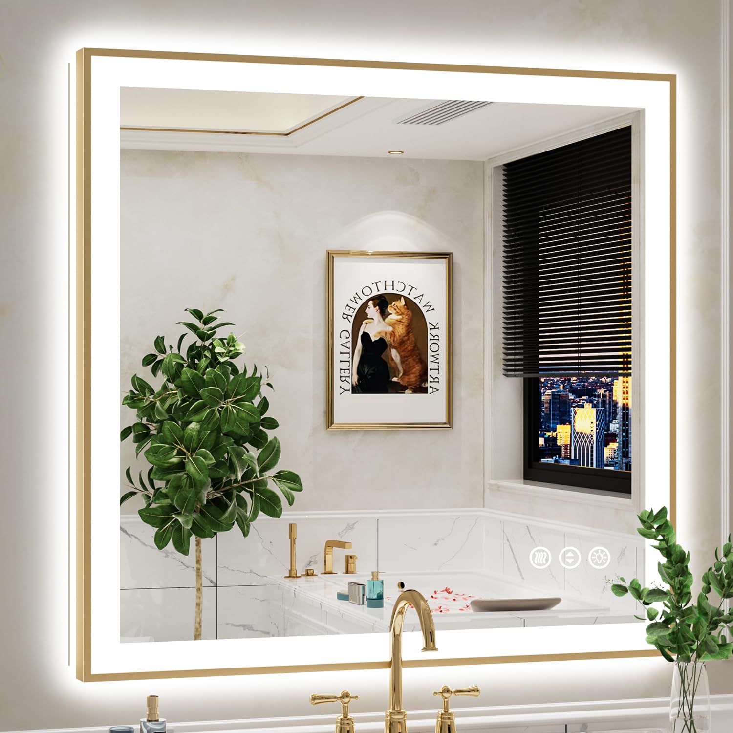 40x38 LED Bathroom Mirror with Lights, Gold Framed Lighted Mirror