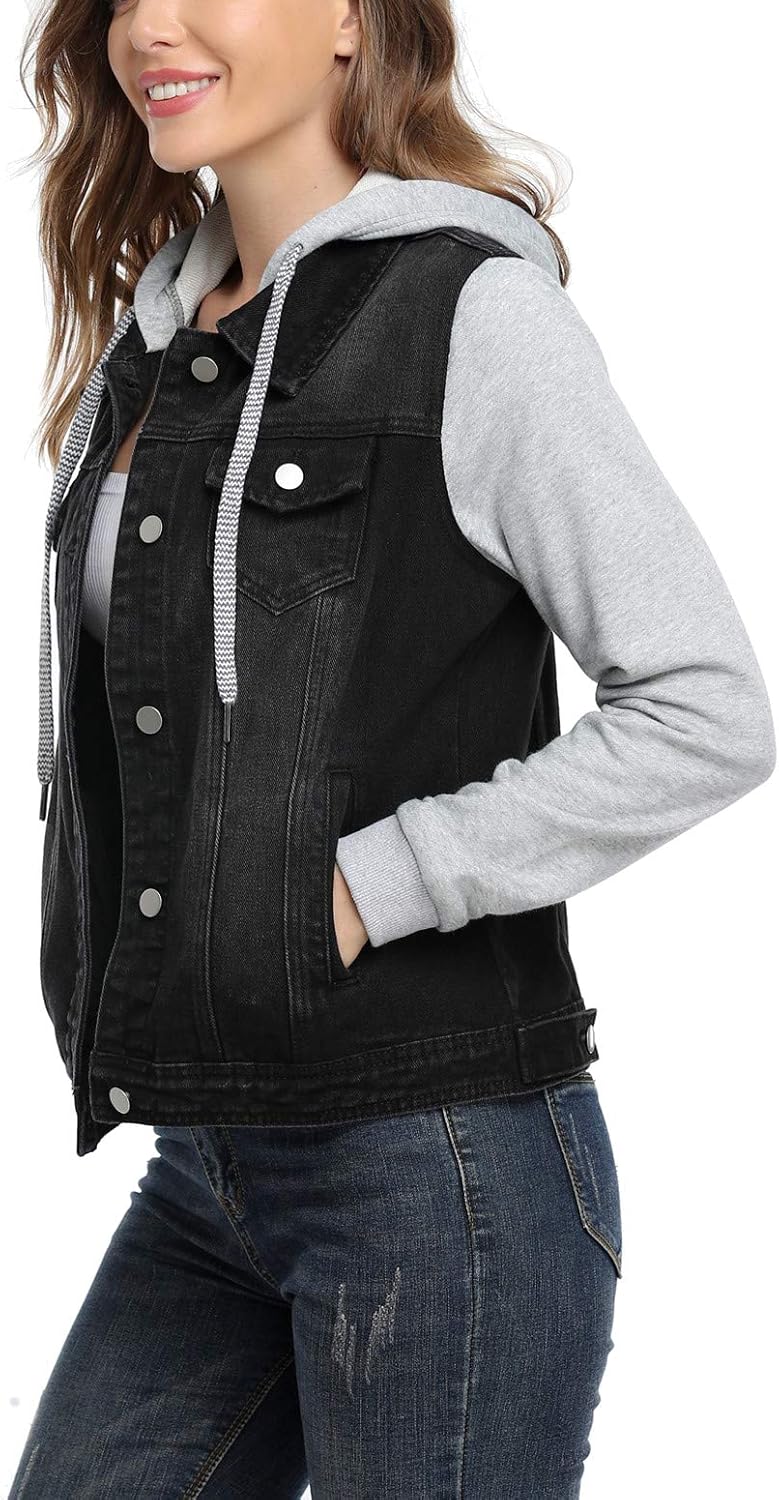MISS MOLY Women's Hooded Jean Jacket Drawstring Layered Washed Long Sleeve Sweatshirt Hoodie Denim Jacket w 2 Pockets - Image 2