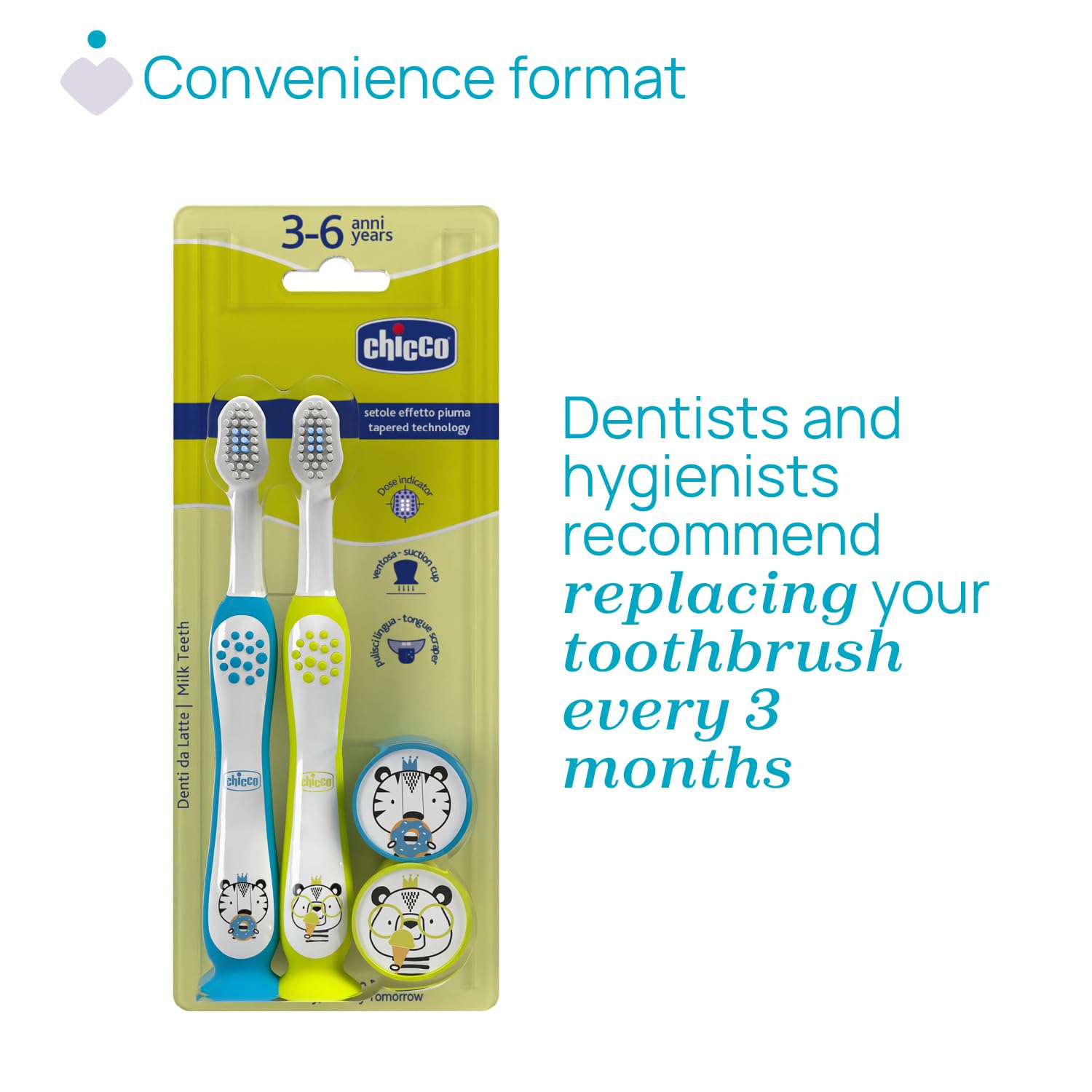 Chicco Set 2 Spazzolini da Denti per Bambini con Ventosa, Testina Arrotondata, Setole Morbide Delicate su Gengive e Dentini, Ampio Manico Antiscivolo, Coprisetole Incluso, 3-6 Anni, 2 Pezzi, Bimbo