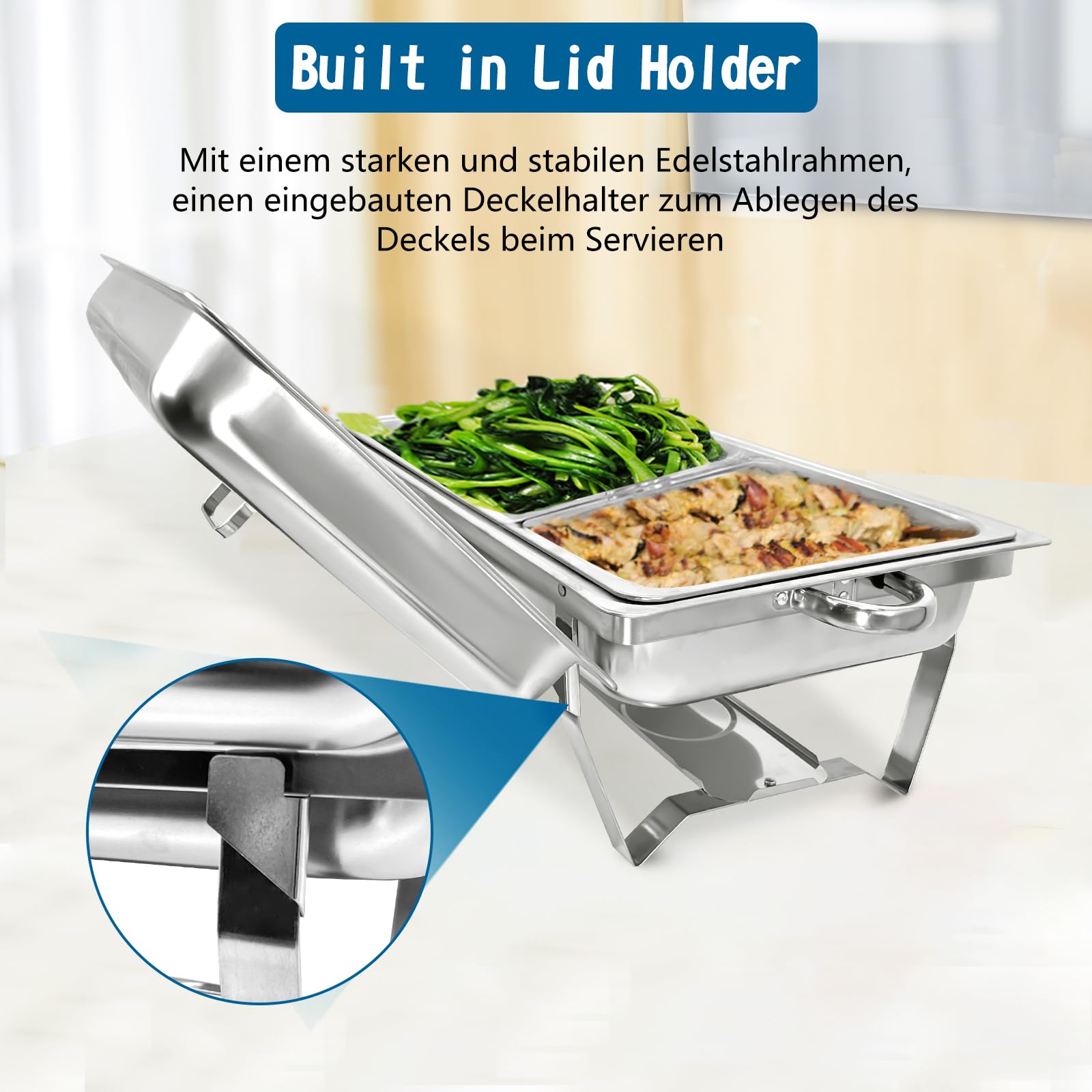 Chafing Dish Edelstahl Buffet-Set Warmhaltebehälter Speisenwärmer Wärmebehälter Rechaud für Catering, Buffet und Party (4 Set 1x2 GN-Behälter)