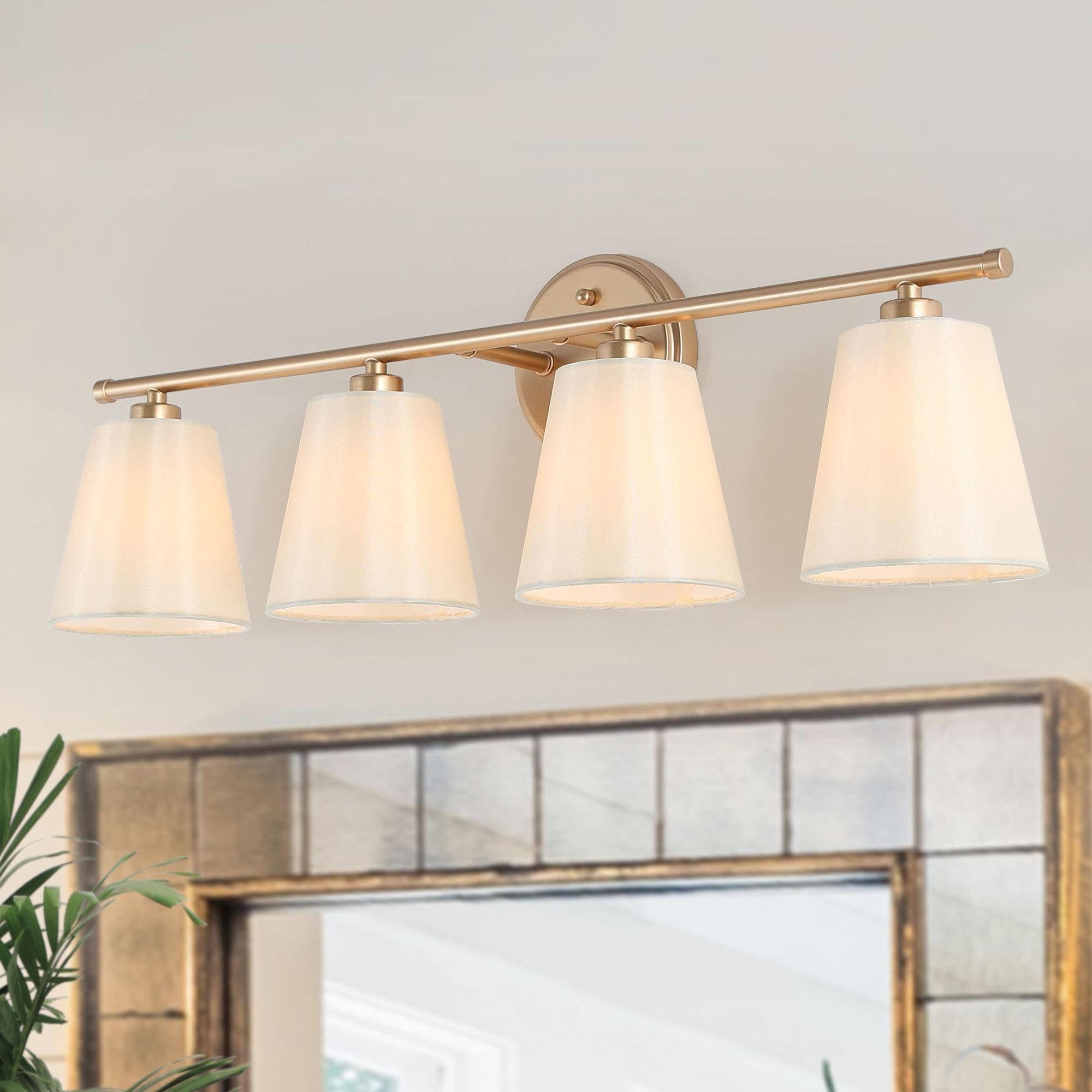 classy leaves gold bathroom light fixtures, 4 light modern vanity lights with white fabric shades bathroom vanity lighting over mirror for bathroom bedroom living room
