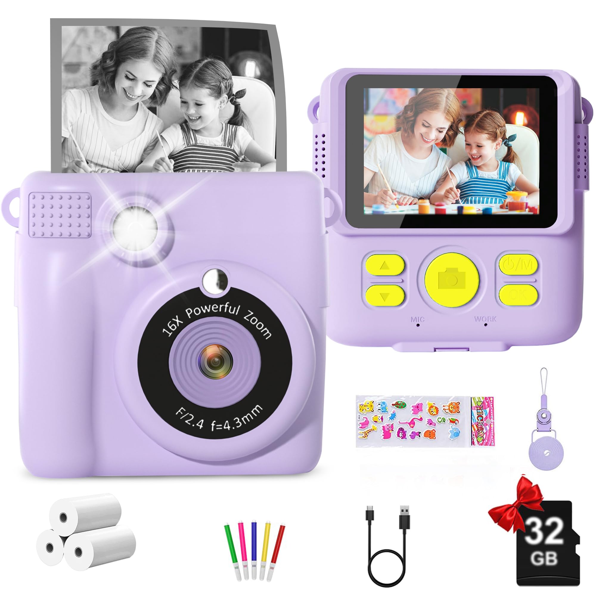 GKTZ Kids Camera Instant Print - 1080P HD Digital Camera,Toddler Cameras with 32GB Card,Fast Thermal Printing, Christmas Birthday Gift for Girls &amp; Boys Ages 3-16, Purple - PRO