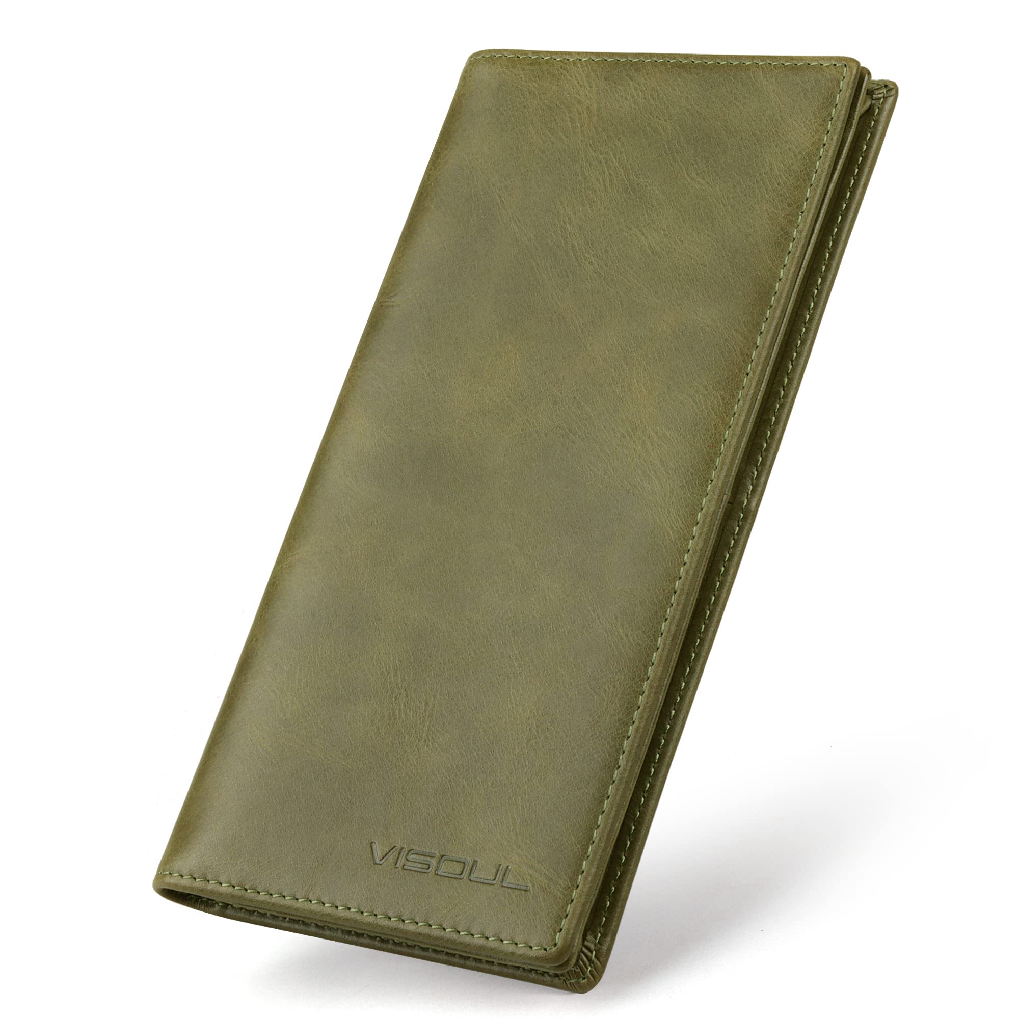 VISOUL Leather Checkbook Cover Wallet for Men with RFID Blocking, Mens Long Bifold Cash Tall Wallet with 11 Credit Card Slots 1 ID Window (Olive Green