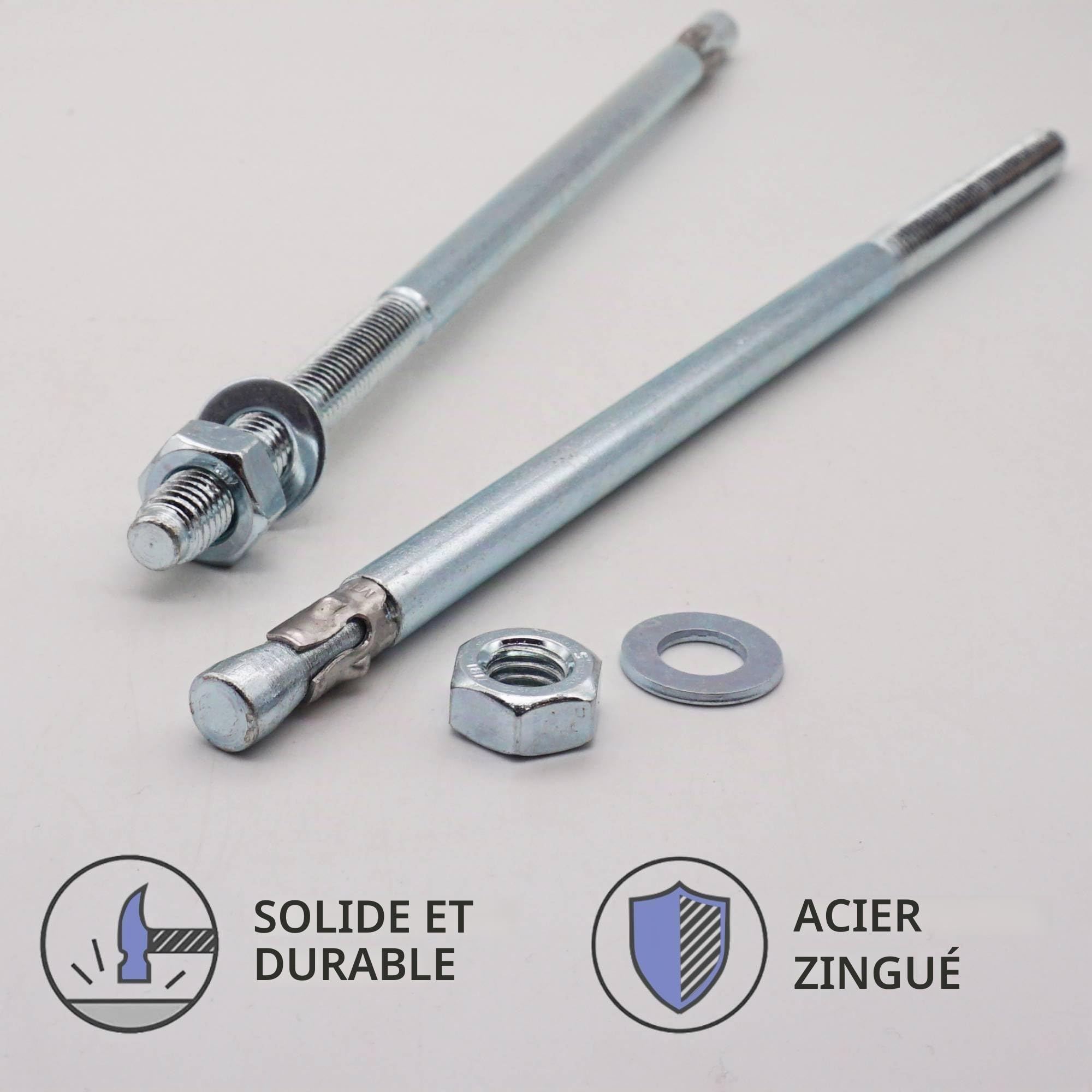 SKIR'CO (10 pcs) Ancres à coin plaquées zinc M10 x 250 mm, goujons métalliques, boulon d'ancrage, ancres de maçonnerie, ancre en béton