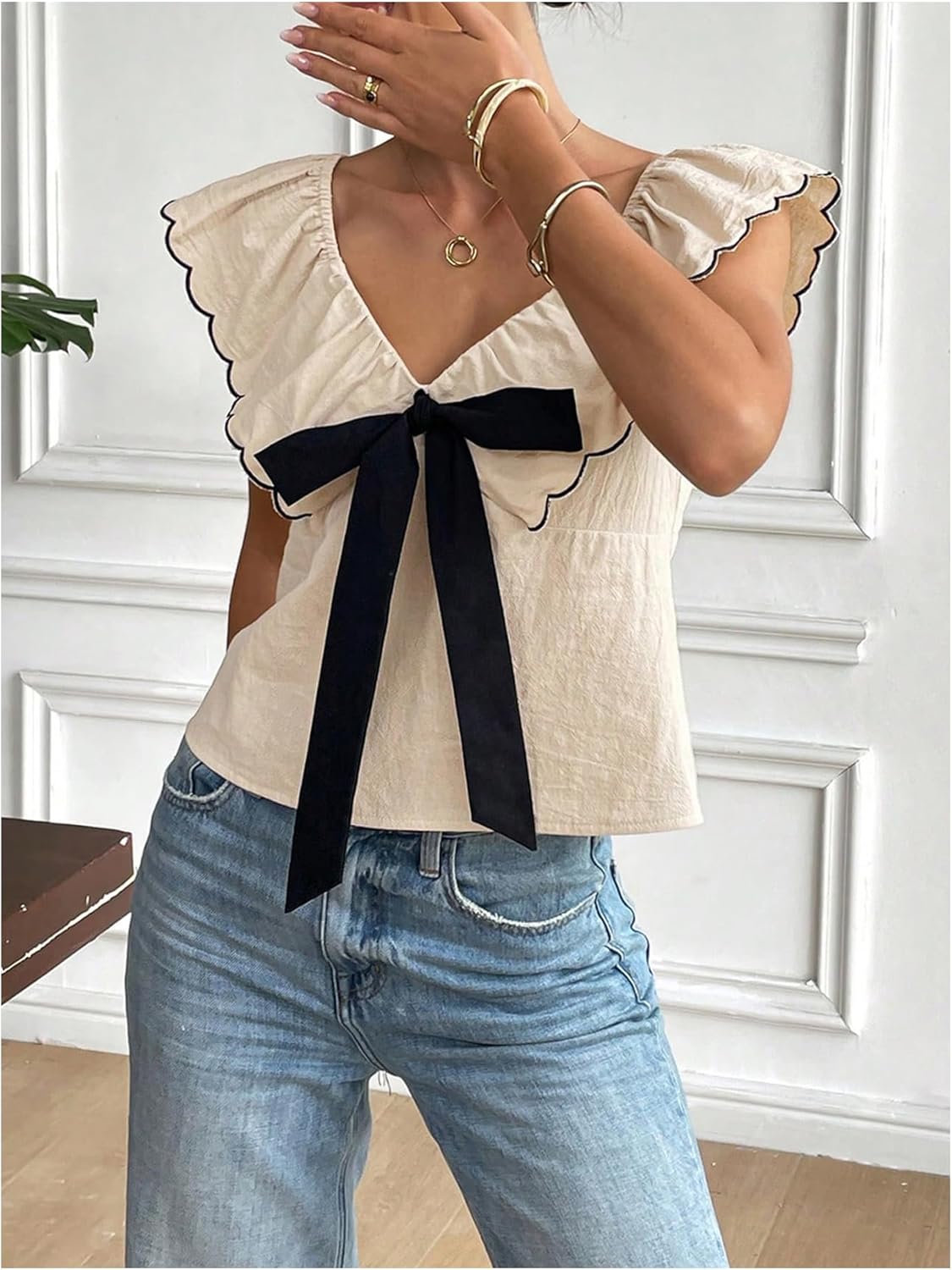 WDIRARA Women's Bow Knot Ruffle Cap Sleeve Top Sweetheart Neck Cute Blouse - Image 3