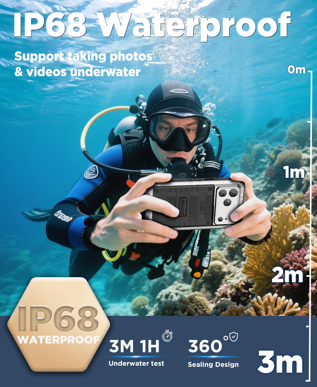 Beeasy Funda para iPhone 17 Pro MAX Impermeable IP68 360°, Carcasa Metálica Armor Militar Antigolpes, Protección Irrompible Resistente Antipolvo Sumergible Acuatica Estanca Waterproof Case, Plateado