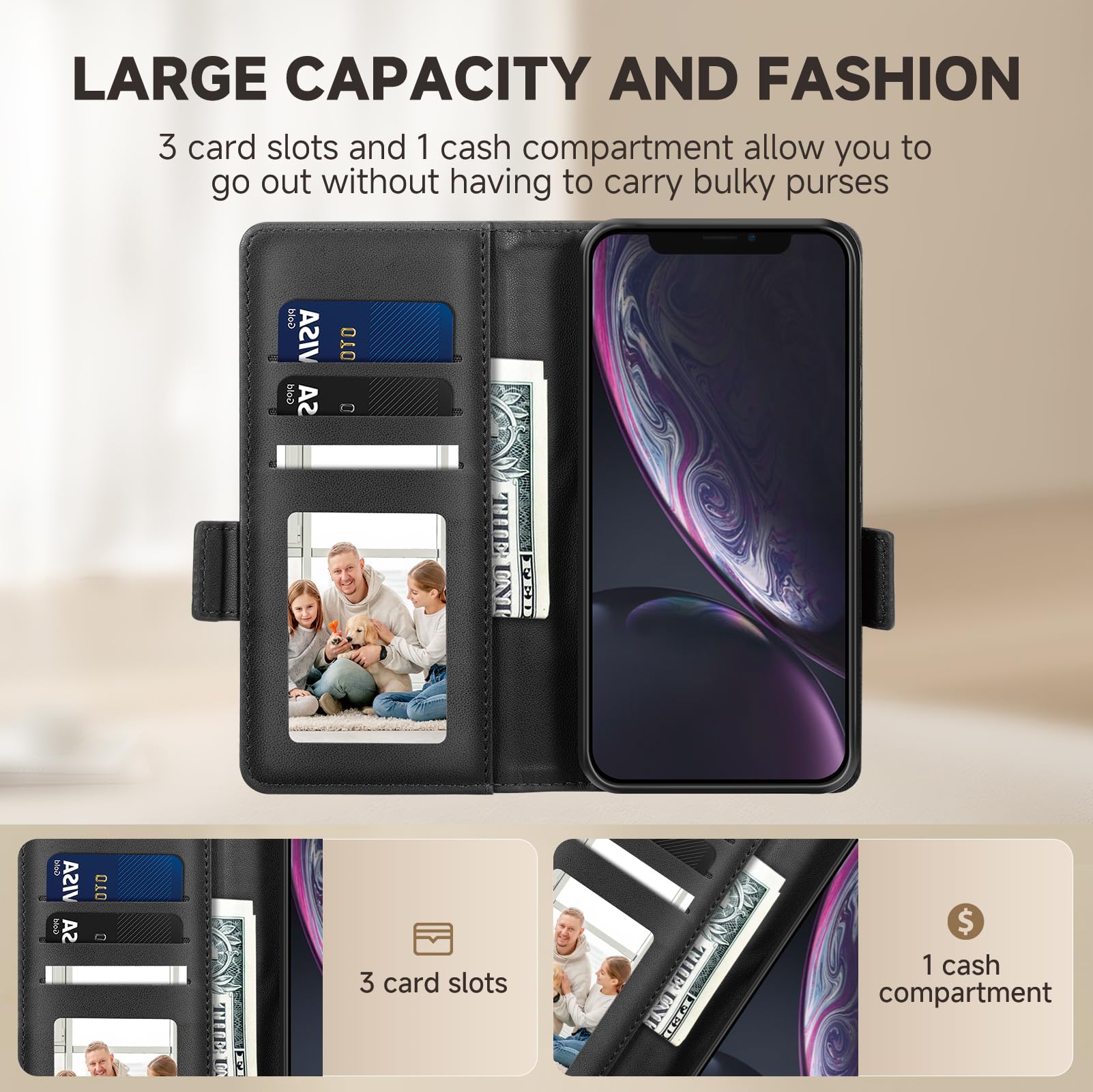 CASBST for iPhone XR Case Kickstand Flip Leather Wallet Book Case with Card Slots Shockproof Magnetic Closure Protective Phone Case Cover Compatible with iPhone XR - Image 2