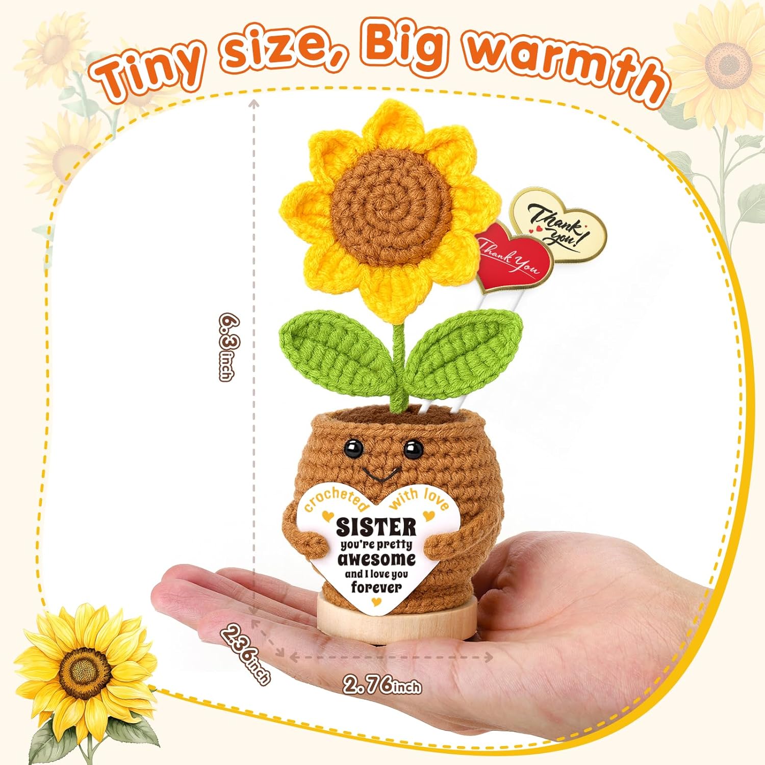 Sister Christmas Birthday Gifts from Sis Brother, Best Sister Ever Gift for Women, Xmas Stocking Stuffer Wedding Gifts for Big Little Sisters in Law, Positive Crochet Sunflower - Image 7