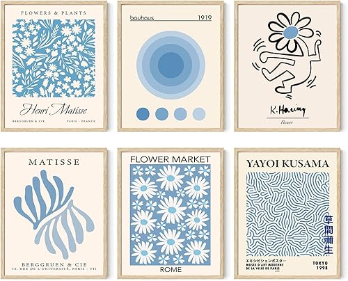 Miniatura 1 de Iknostine Juego de 6 impresiones artísticas de pared de artistas famosos Matisse abstractas en lienzo estético azul Foral Flower Market Morris