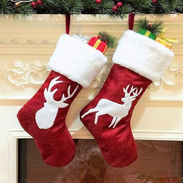 LATERN 2Pcs Christmas Stocking, 2 Styles Large Size Xmas Stockings Gift Hanging Stockings Bulk Reindeer Stocking with Plush Faux Fur Cuff for Christmas Tree Family Holiday Party Ornament (45 x 20CM)
