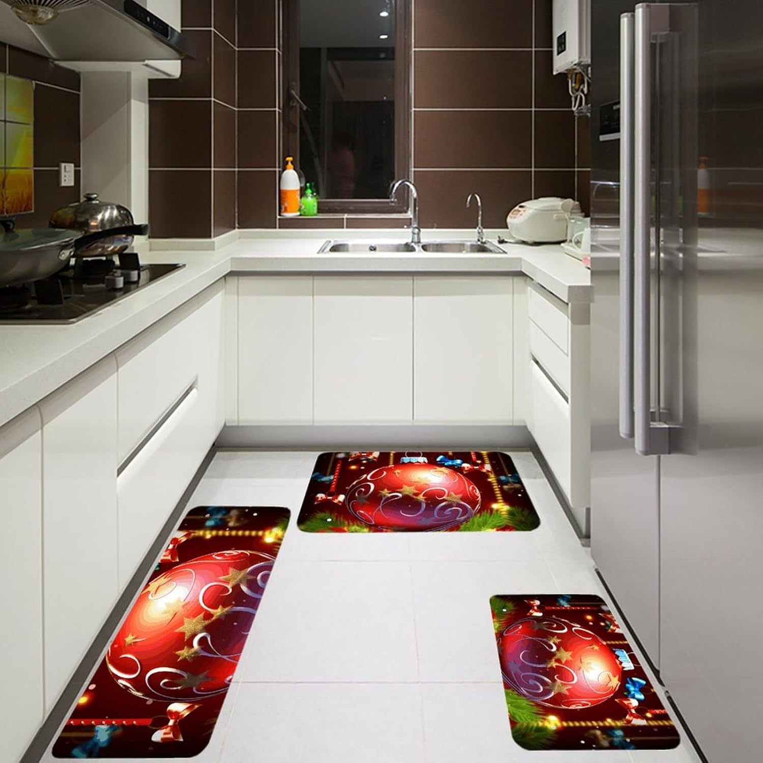 Xmas Ball Kitchen Mats for Floor 3 Pcs Kitchen Rugs