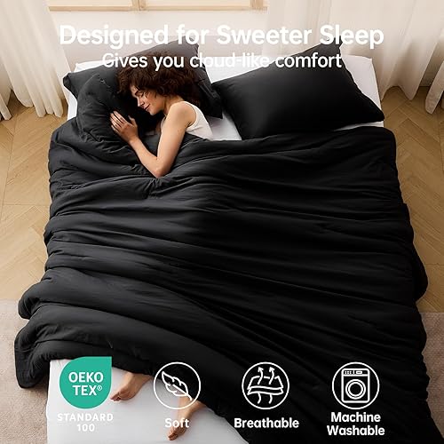 Miniatura 2 de MUXHOMO Juego de edredón Queen de 3 piezas, edredón negro para cama tamaño Queen, juego de ropa de cama suave y cálido para todas las estaciones, 1