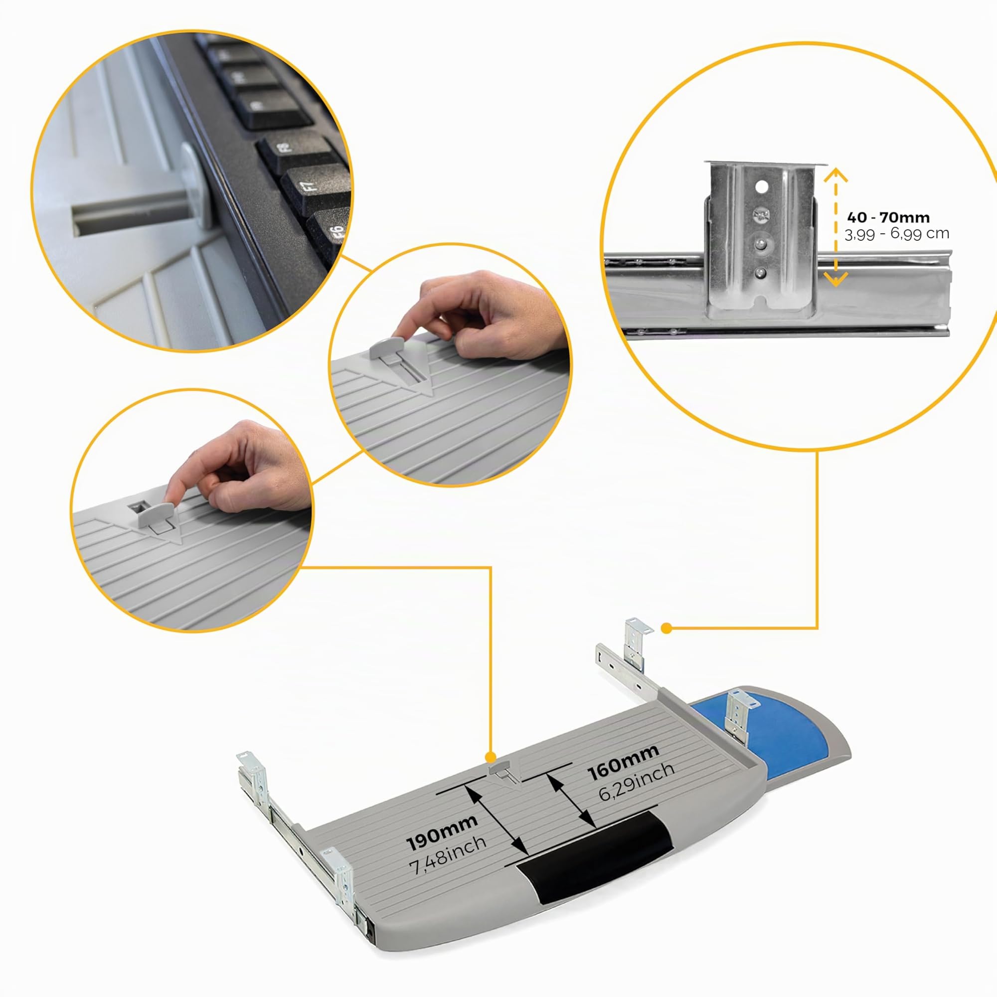 Emuca - Soporte Portateclado Extraíble con Bandeja Auxiliar para el Ratón, Acero y Plástico, Plástico gris