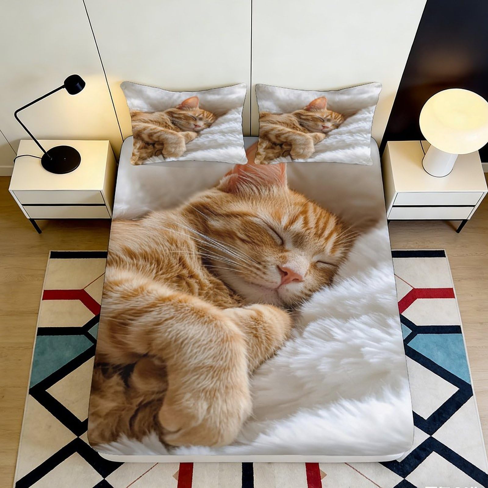 3D Printed Sleeping Cat Fitted Sheet Microfiber Soft Breathable Orange Tabby Bed Cover for Bedroom Guest Room Decor 90x200x25cm