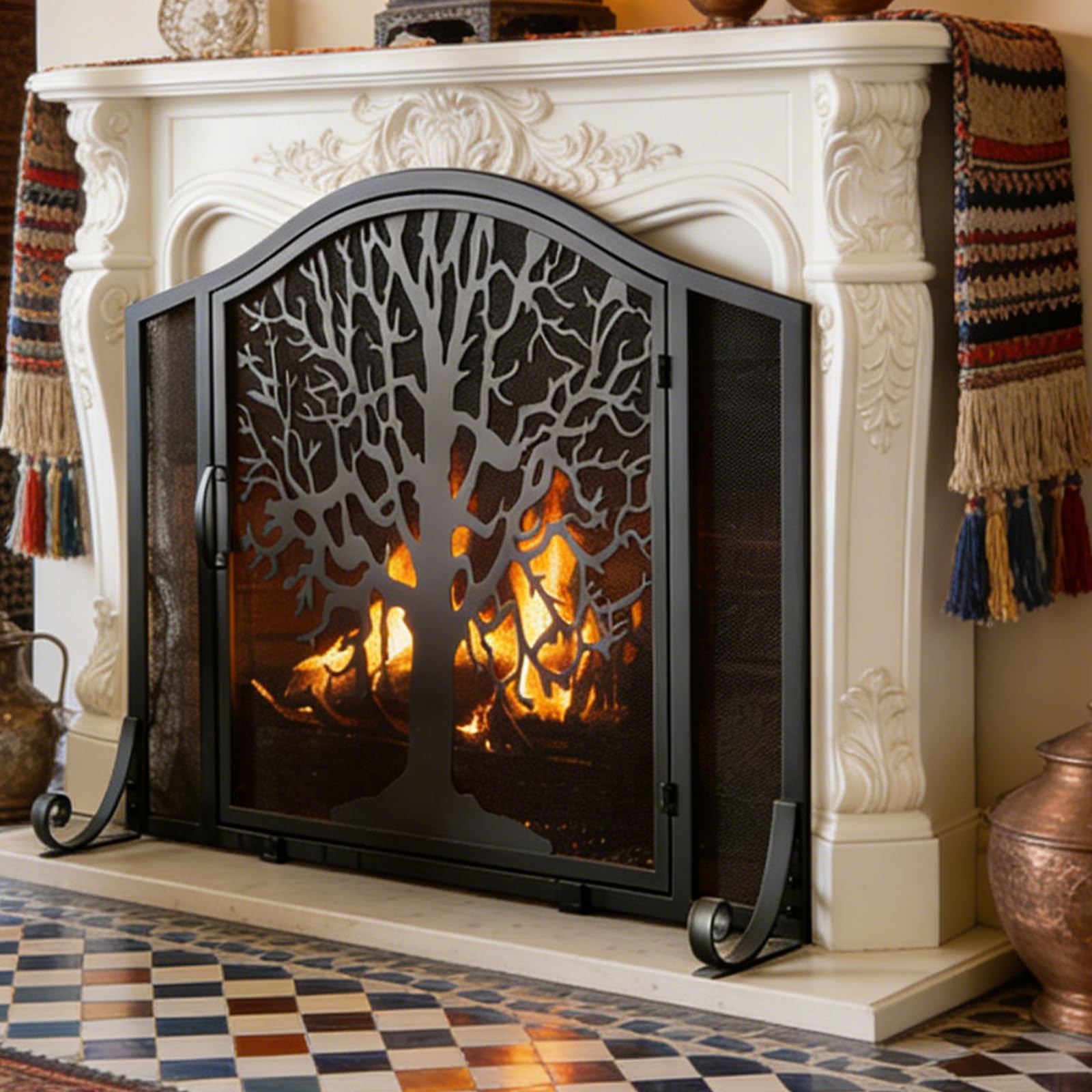 Pantalla para chimenea antichispas con panel de hierro estable de 38