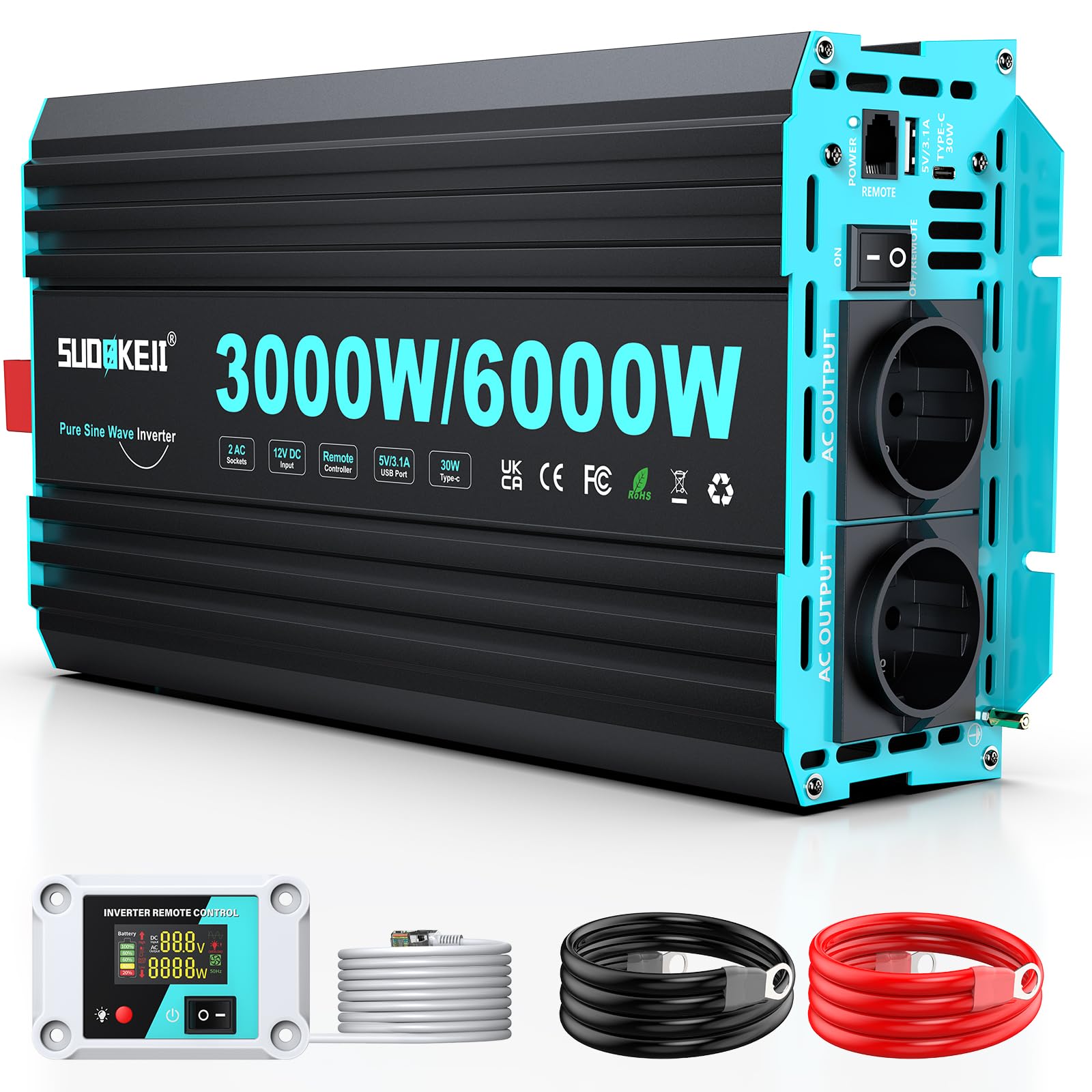 SUDOKEJI Przetwornica napięcia sinusoidalnego 3000 W/6000 W, przetwornica napięcia 12 V na 230 V, z pilotem LCD, złącza typu C i USB, 2 gniazda EU AC do solarnych, pojazdów, przyczep kempingowych