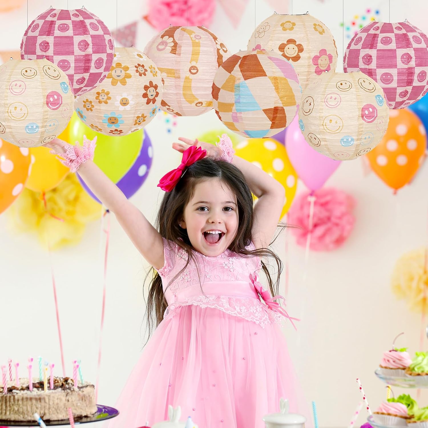 JarThenaAMCS 12Pcs Groovy Paper Lanterns 8" Pink Orange Hanging Round Lanterns for Birthday Baby Shower Party Home Garden Decoration
