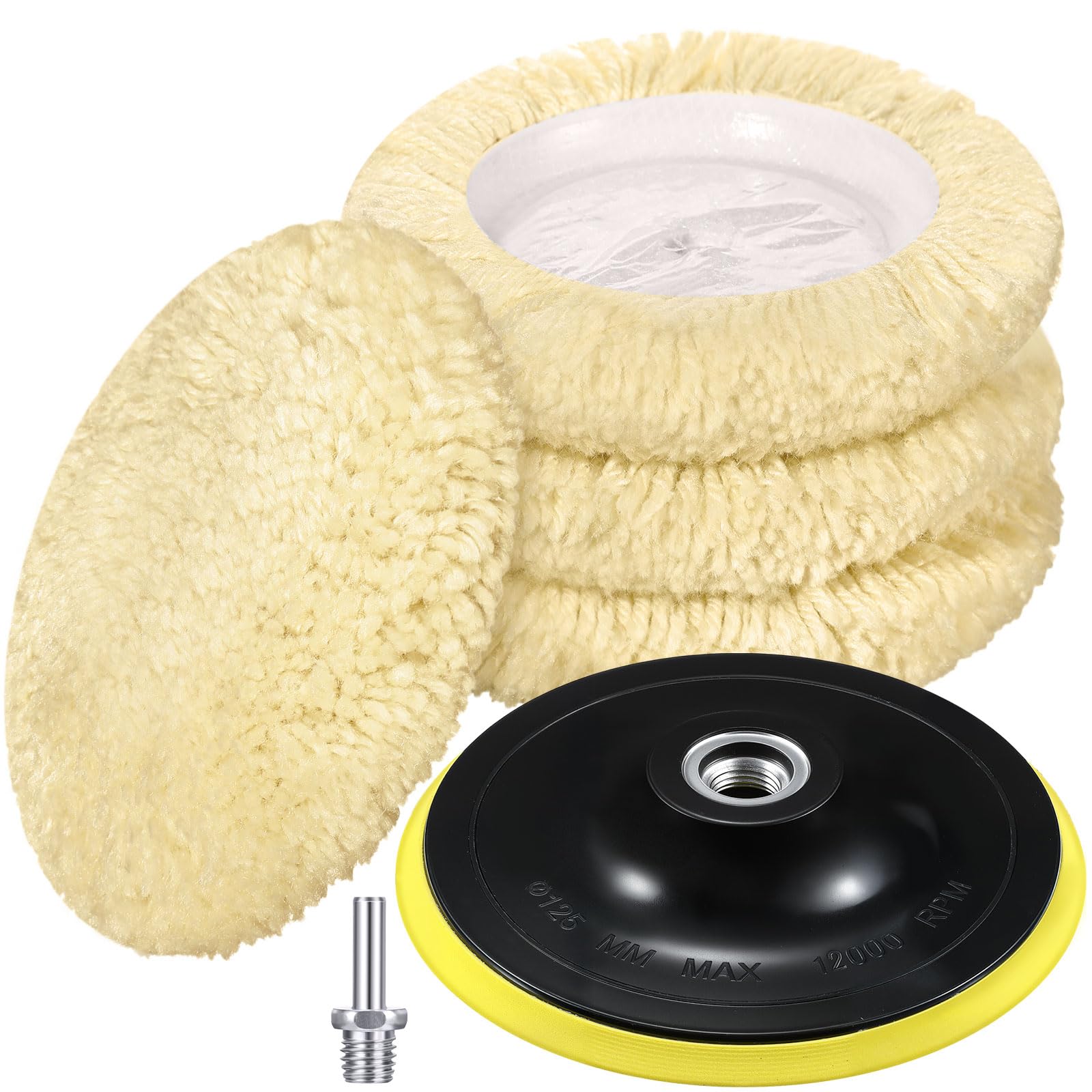 Tallew 6 Pcs Wool Buffing Polishing Pads Hook Loop Cutting Pads with Backing Plate for Car, Boat, Wood, Marble Surface Polishing & Scratch Removal (5