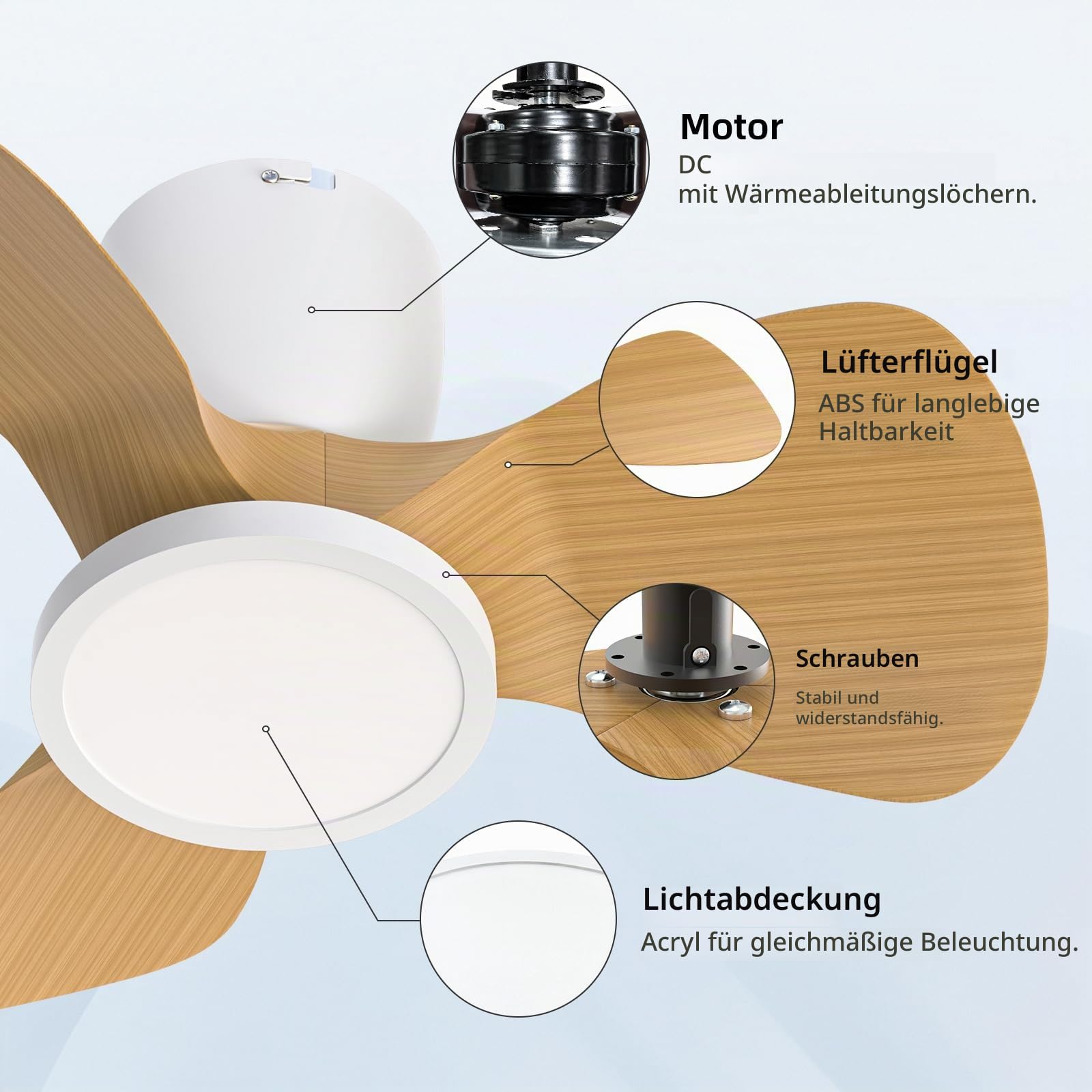 Ateroll Deckenventilator mit Beleuchtung, Ø61cm, 3CCT (3000K-4000K-5000K), 1500 lm Deckenventilator mit Fernbedienung, 6 Geschwindigkeiten, Timer für Wohnzimmer, Schlafzimmer (Helles Holz Maserung)