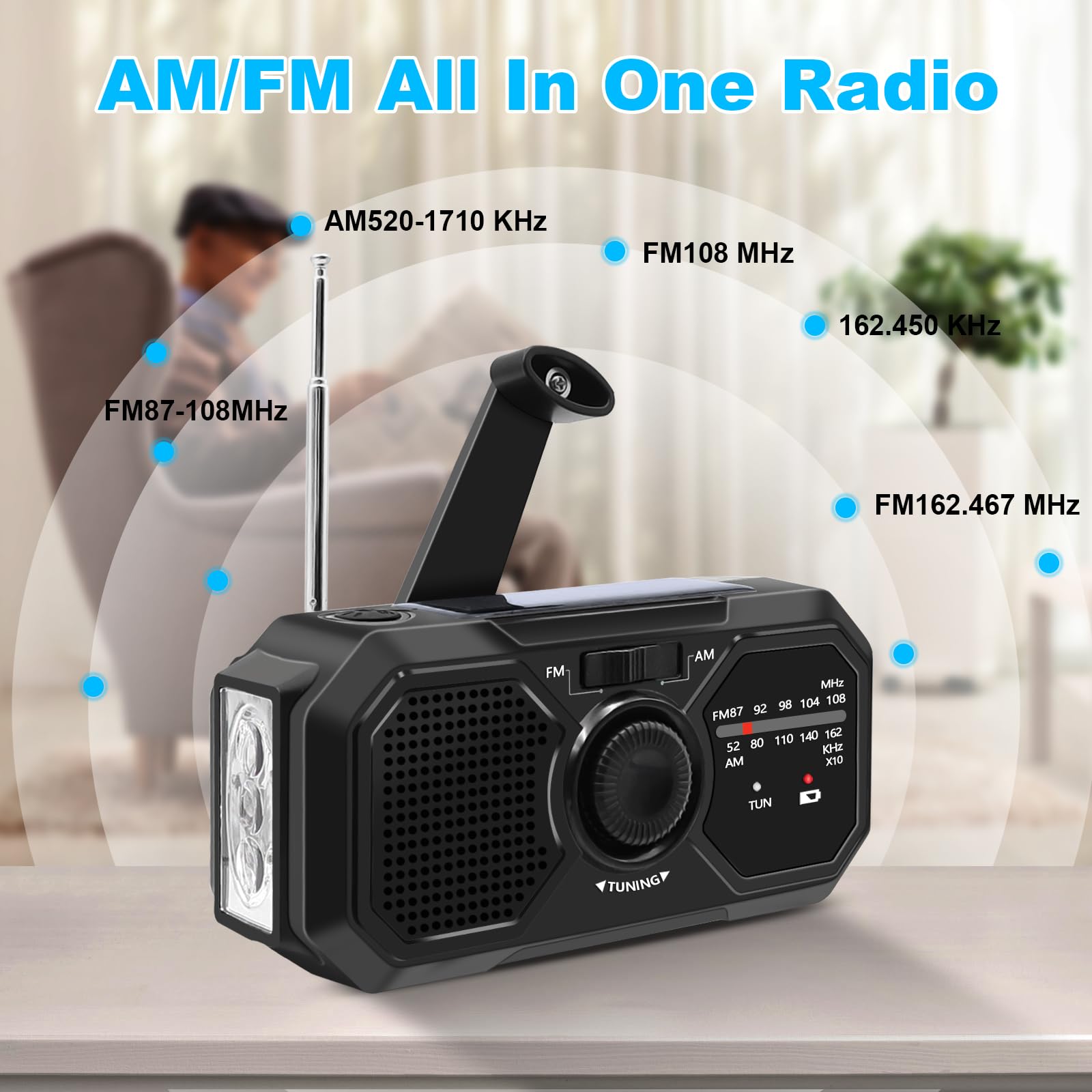 Radio a Manovella Radio Energia Solare di Emergenza Radio Solare FM/AM Radiolina a Manovella Dinamo con Batteria Ricaricabile da 2500 mAh/Allarme SOS e Torci Radio Solare Piccola per Casa e All'aperto