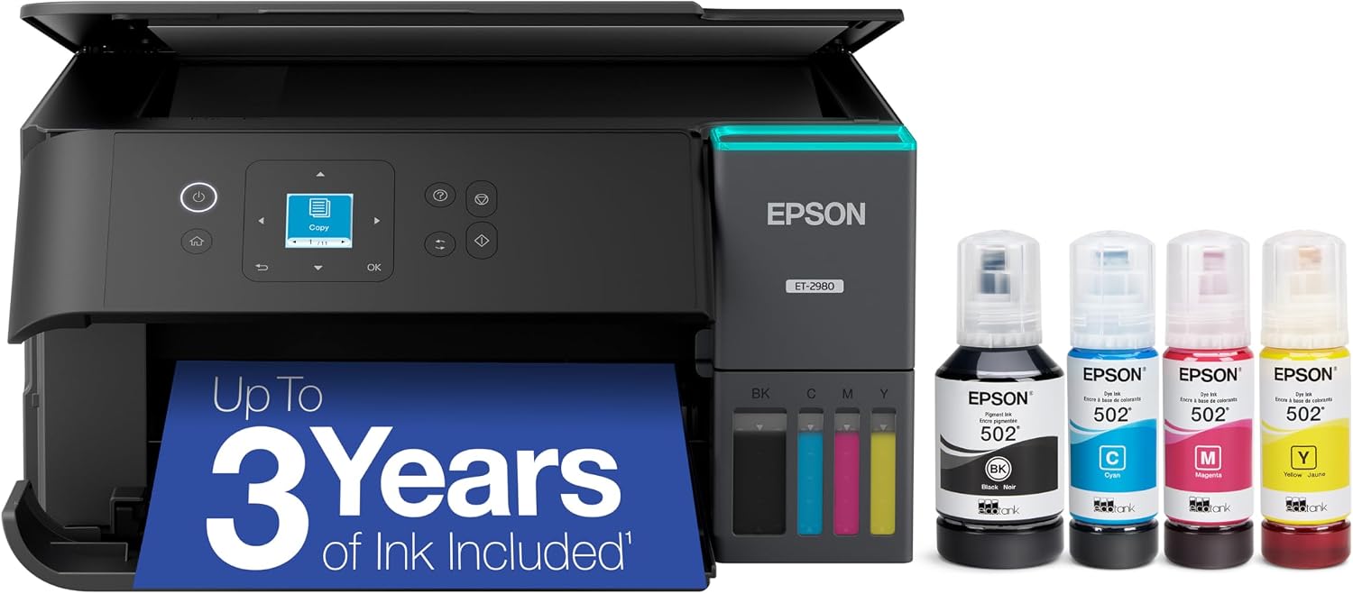 Epson EcoTank ET-2980 Wireless Color All-in-One Supertank Printer - Black | Cartridge-free print, scan, copy; up to 15 ppm, borderless photo printing, auto 2-sided; ideal for home and everyday use