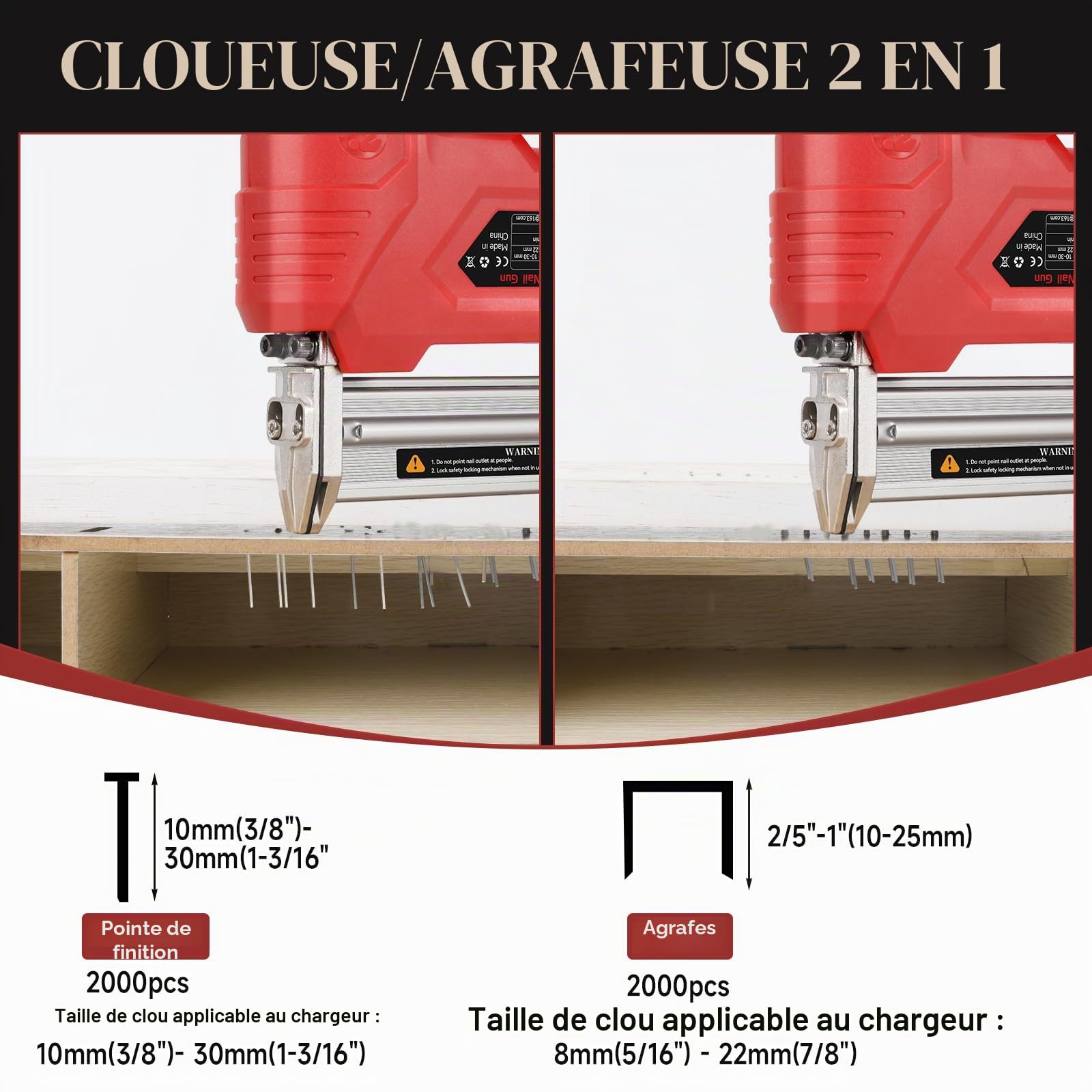 Cloueuse Electrique Sans Fil 18GA 21V, Agrafeuse Electrique avec 2 x 2.0Ah Batterie et Chargeur, avec 2000 Clous Brads +2000 Agrafes pour Travail du bois, Projets de Tapisserie Ameublement