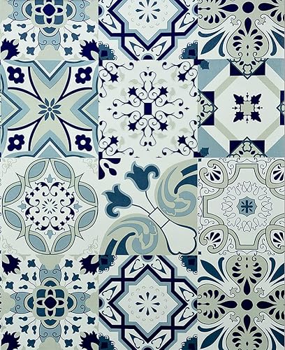 Miniatura 1 de JZHOME 1231-10M - Papel tapiz de azulejos mediterráneos para despegar y pegar, 17.7 pulgadas x 32.8 pies, bohemio, extraíble, impermeable,