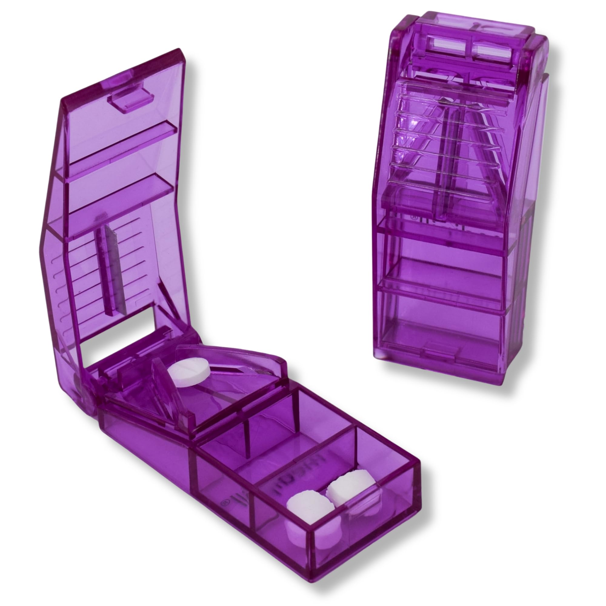 Tagliacompresse | Taglio preciso di farmaci piccoli e grandi | 2 scomparti portaoggetti | Plastica senza BPA | Un pezzo | Viola | MED-CP-V