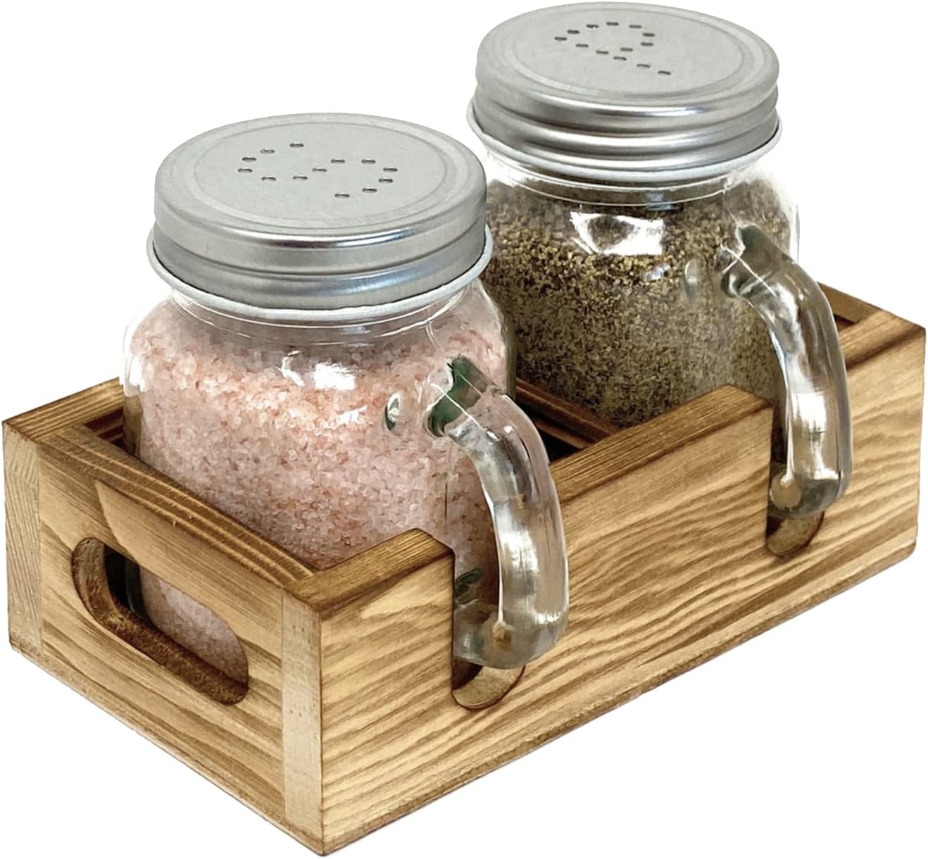 Mason Jar Salt and Pepper Shakers - Glass Shaker Set with Wood Holder Caddy, Easy to Clean & Refill for Farmhouse Kitchen Table, Home and Gifts