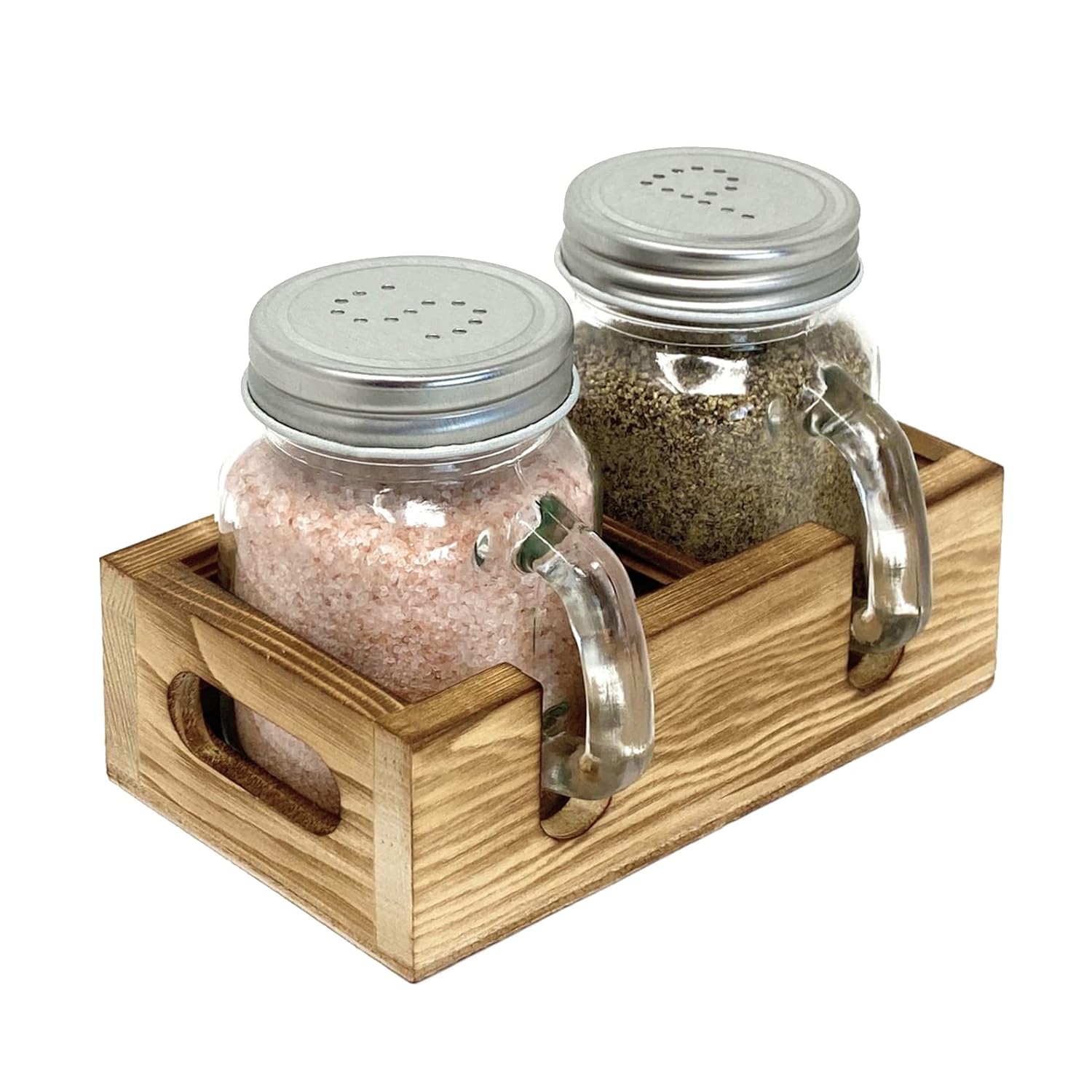Mason Jar Salt and Pepper Shakers - Glass Shaker Set with Wood Holder Caddy Easy to Clean Refill