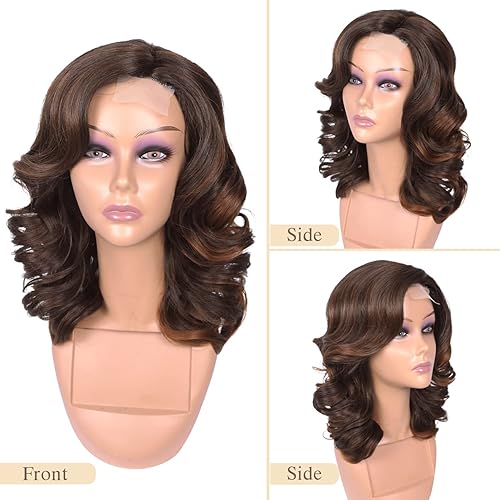 Miniatura 7 de Quantum Love Pelucas cortas y sueltas rizadas para mujeres negras, peluca sintética con raya lateral y longitud al hombro (mezcla de marrón de 16