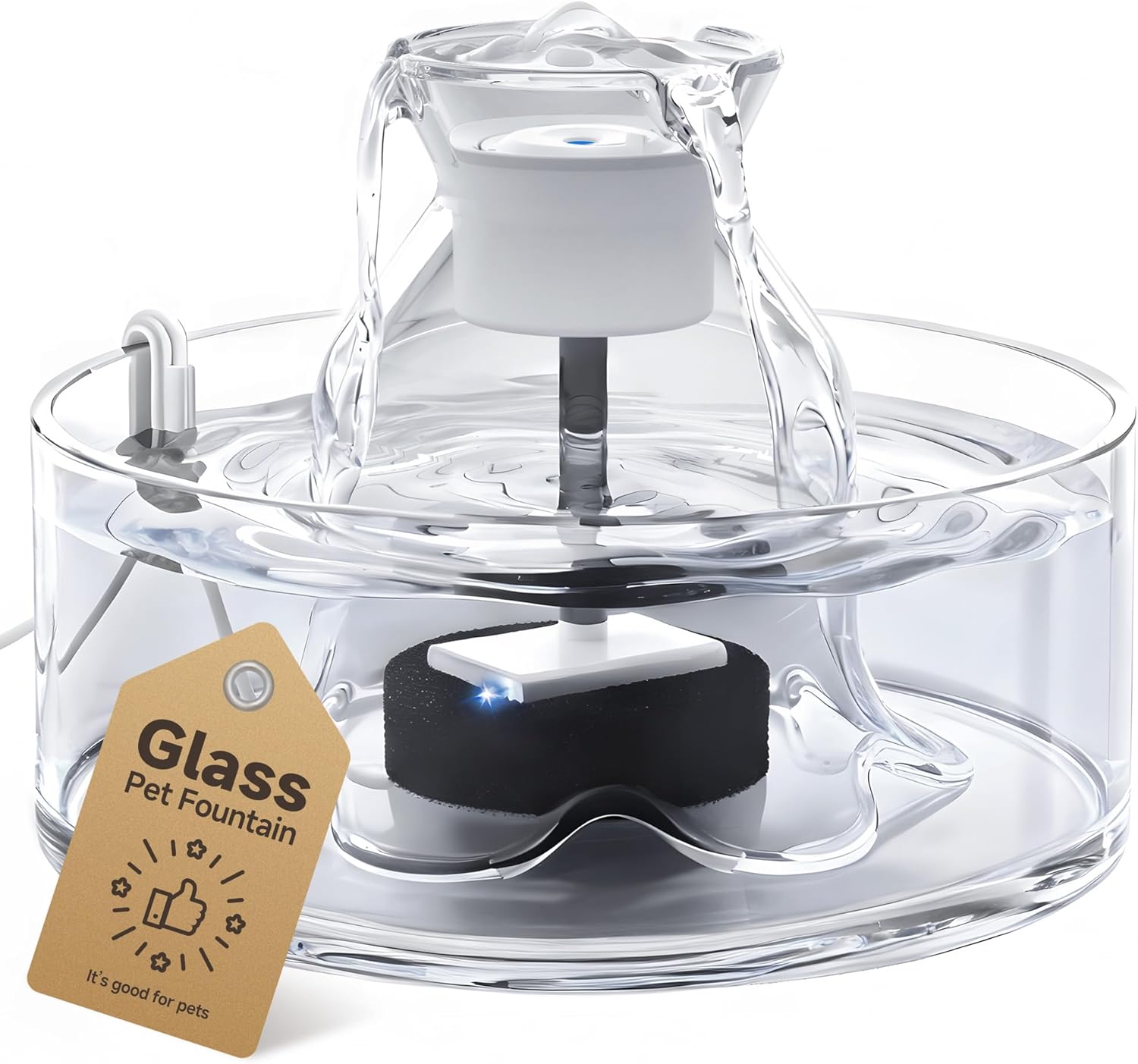 Glass Cat Water Fountain, 2.7L/91 oz Ultra-Quiet Pet Fountain, Automatic Water Dispenser for Cats & Small Dogs, Spill-Resistant Pet Water Bowl, BPA-Free, Includes 2 Filters, Effortless to Clean