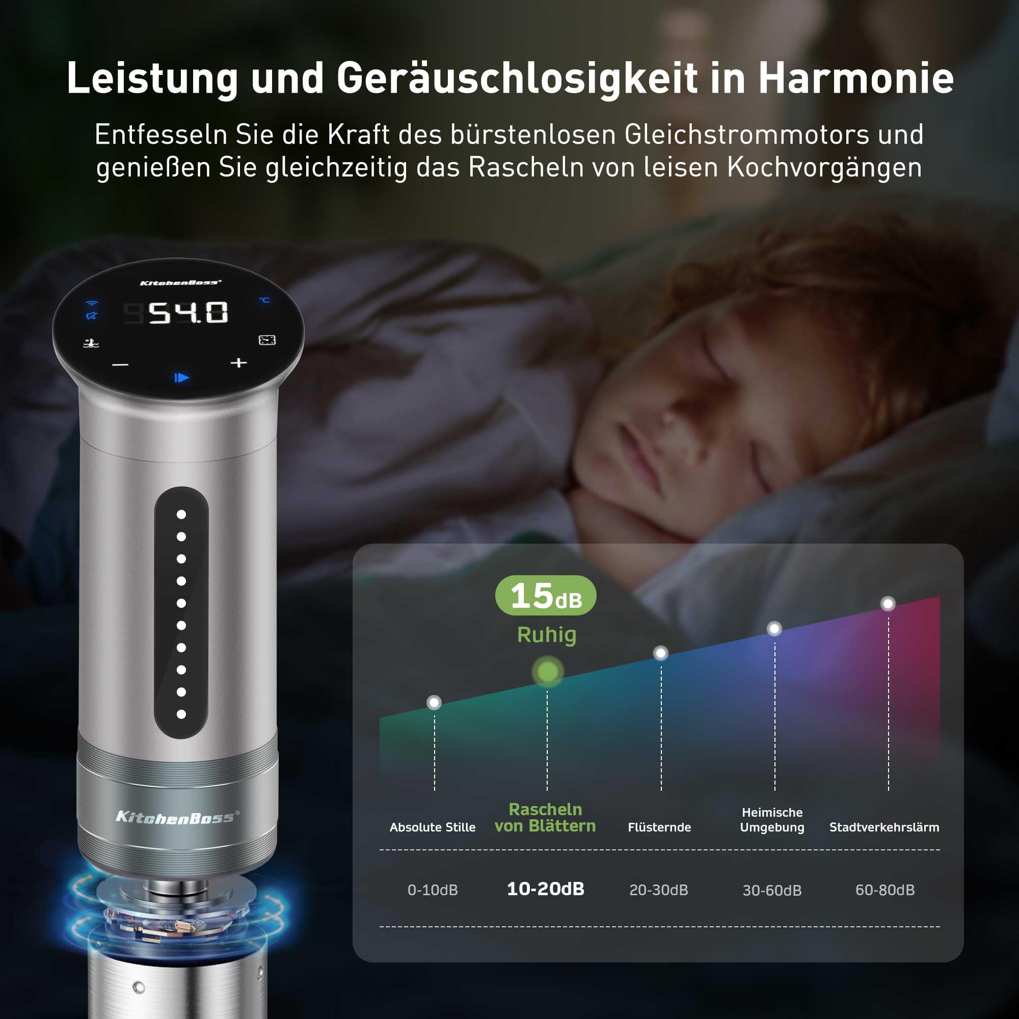 KitchenBoss Sous Vide Stick Garer： 1100W Präzisionskocher Wi-Fi Sous Vide Stick App-Steuerung Sous Vide Stab Zirkulation 40℃-90℃ IPX7 Wasserdicht LED Touch Display Ultra-leise Tauchzirkulator