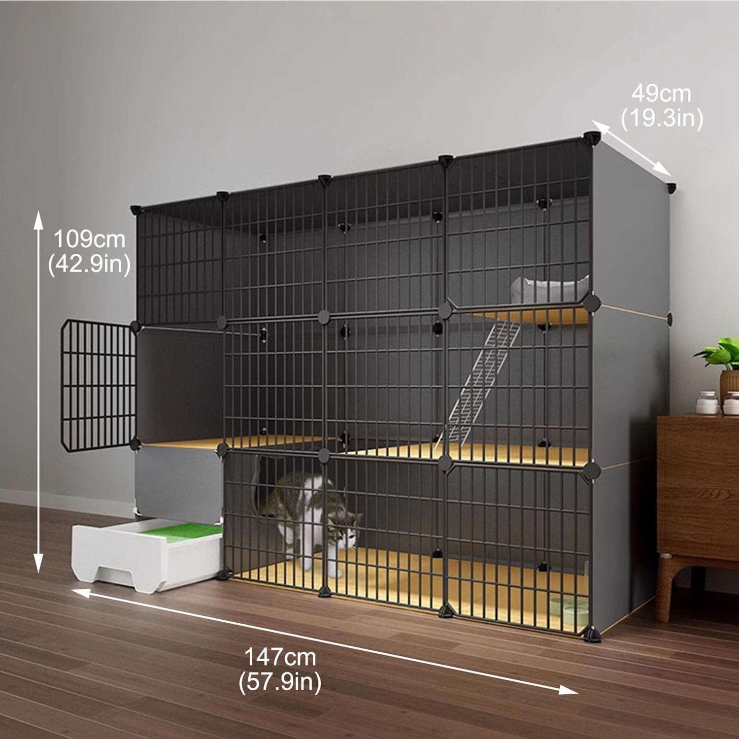 Gabbia per Gatti, recinto per Gatti da Interno, Gabbia Fai da Te per Gatti con lettiera Estraibile, Pannello in PVC + Struttura in Metallo, Facile da Pulire (Dimensioni: 147x49x109 cm)