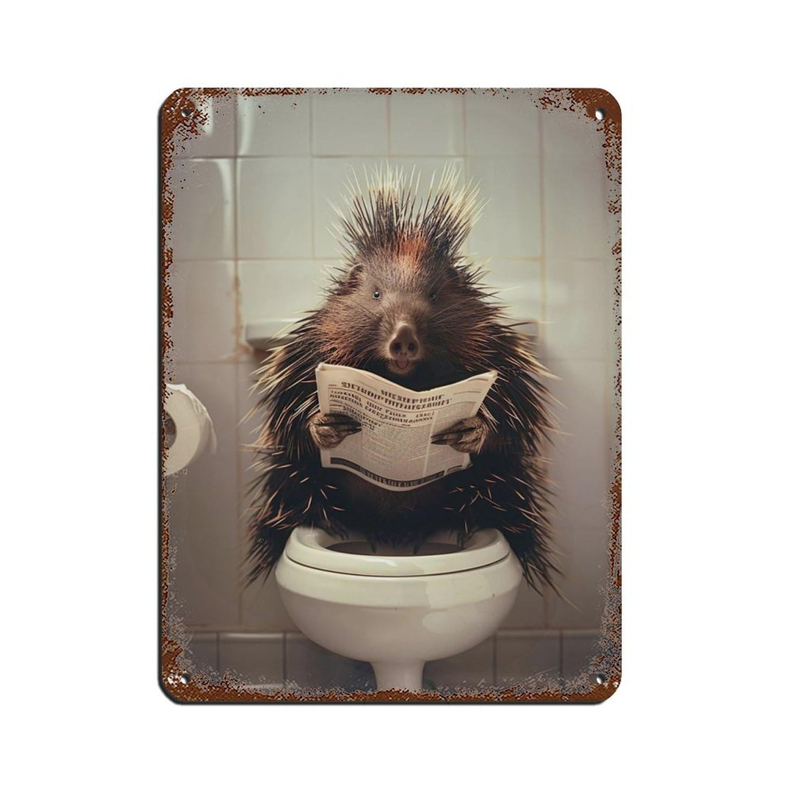 Porcupine Sitting on The Toilet Reading A Newspaper (9) Retro Poster Metal Tin Sign Chic Art Retro Iron Painting Bar People Cave Cafe Family Garage Poster Wall Decoration 12x16inch(30x40cm)
