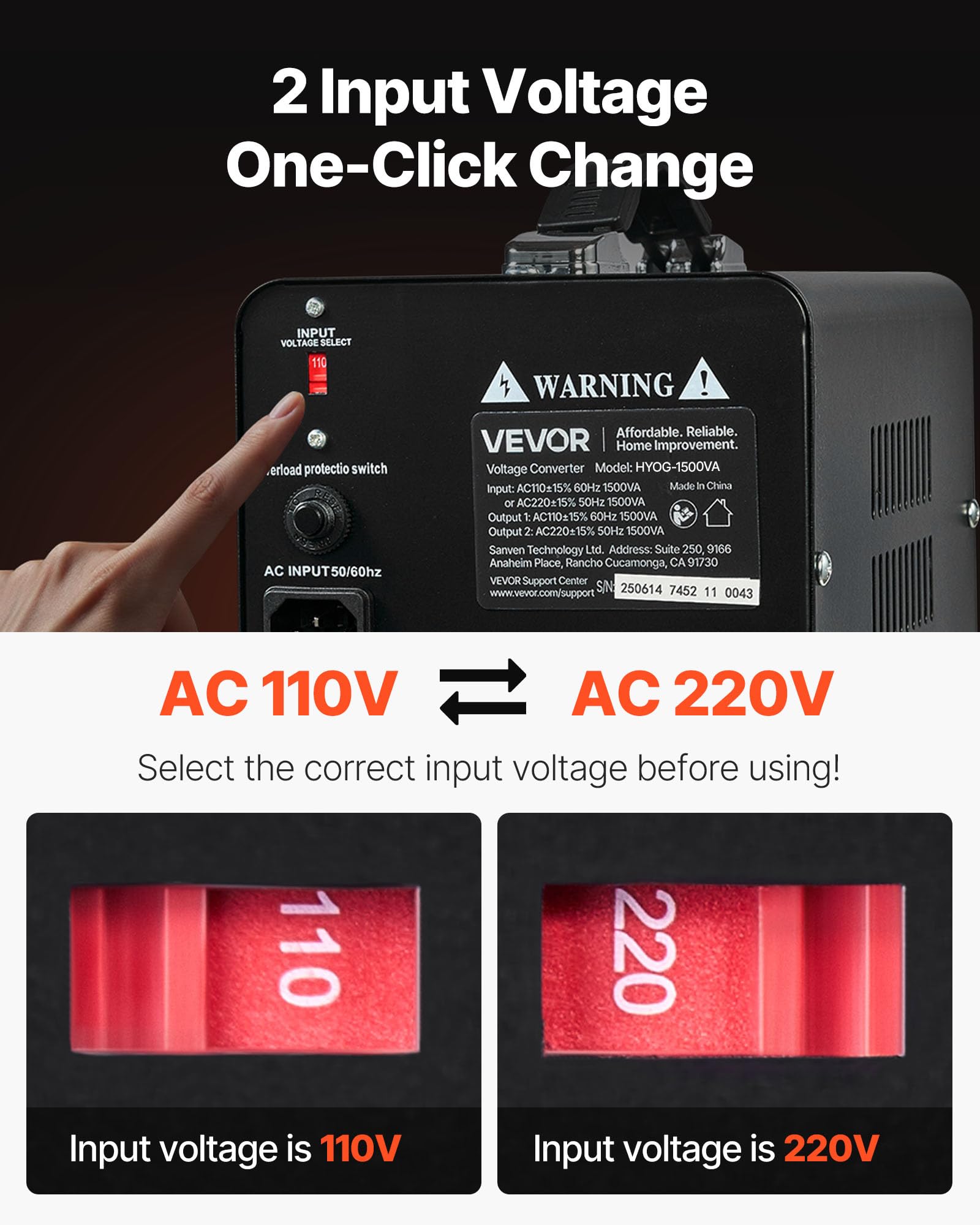 VEVOR Transformator napięcia podnośnika reduktora 220 V do 110 V i 110 V do 220 V, 1500 VA, z wtyczkami amerykańskimi i UE, kablem zasilającym, ochroną przełącznika 15 A