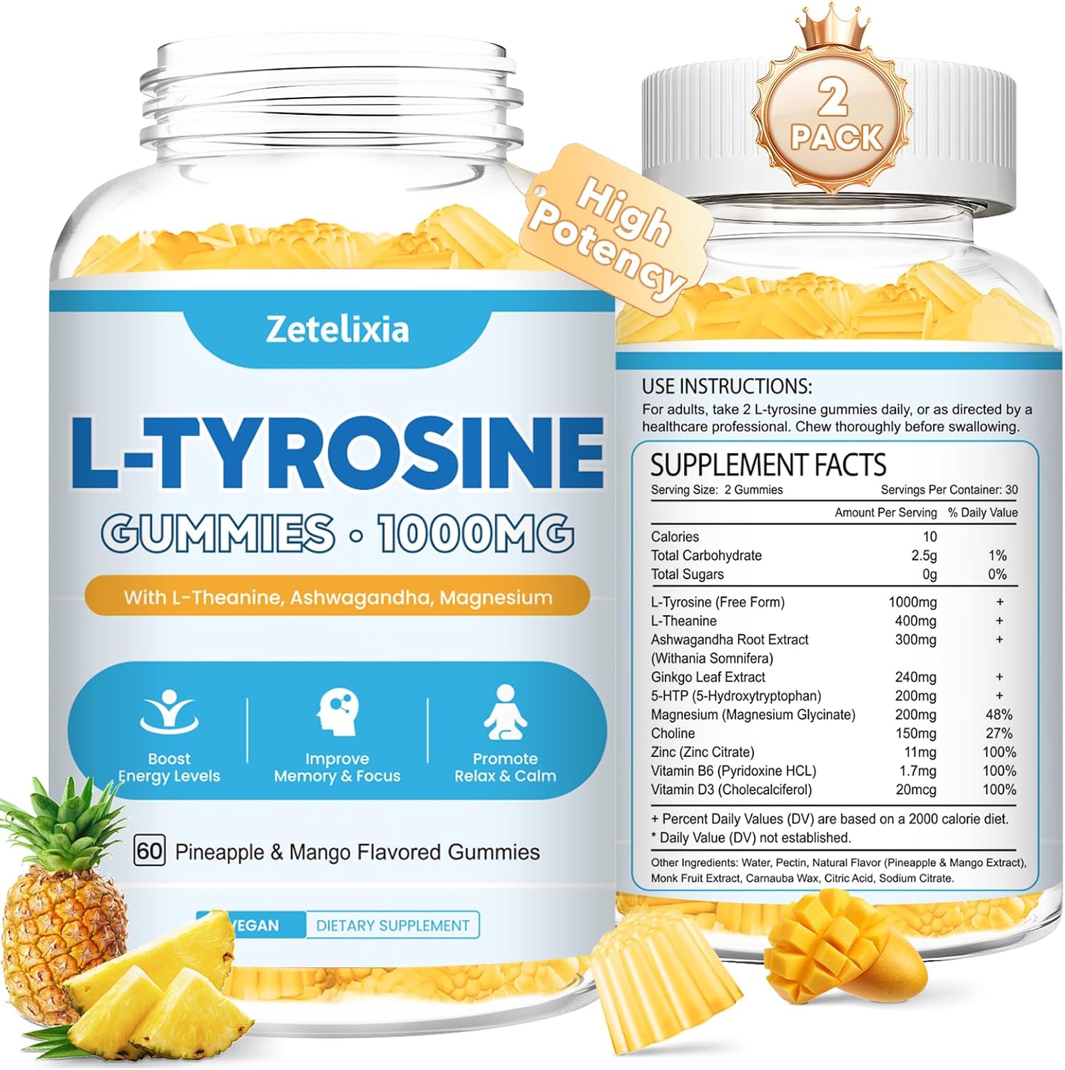 L Tyrosine Gummies, 2 Pack L-Tyrosine Supplement, Tyrosine Gummies with L-Theanine B6 D3, Tyrosine Supplement for Brain, Memory, Energy, Mood for Adult & Kids, Pineapple & Mango Flavor, 120 Ct