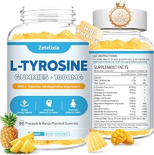 L Tyrosine Gummies, 2 Pack L-Tyrosine Supplement, Tyrosine Gummies with L-Theanine B6 D3, Tyrosine Supplement for Brain, Memory, Energy, Mood for Adult & Kids, Pineapple & Mango Flavor, 120 Ct
