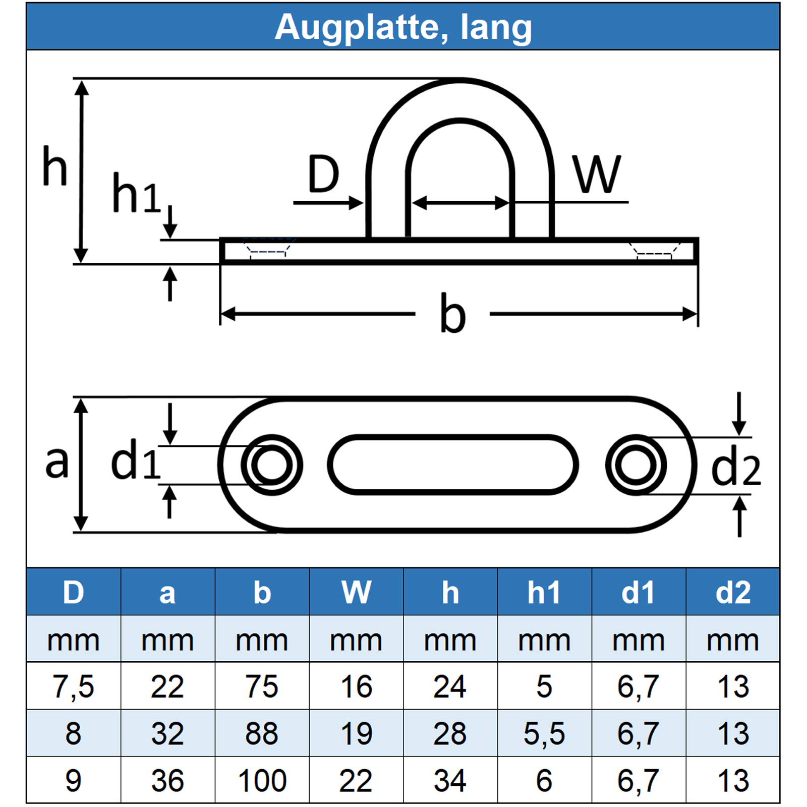 36 x 100 mm płytka oczkowa długa (8 sztuk) - płyta wierzchnia - płyta oczkowa - stal szlachetna A4 V4A - nierdzewna