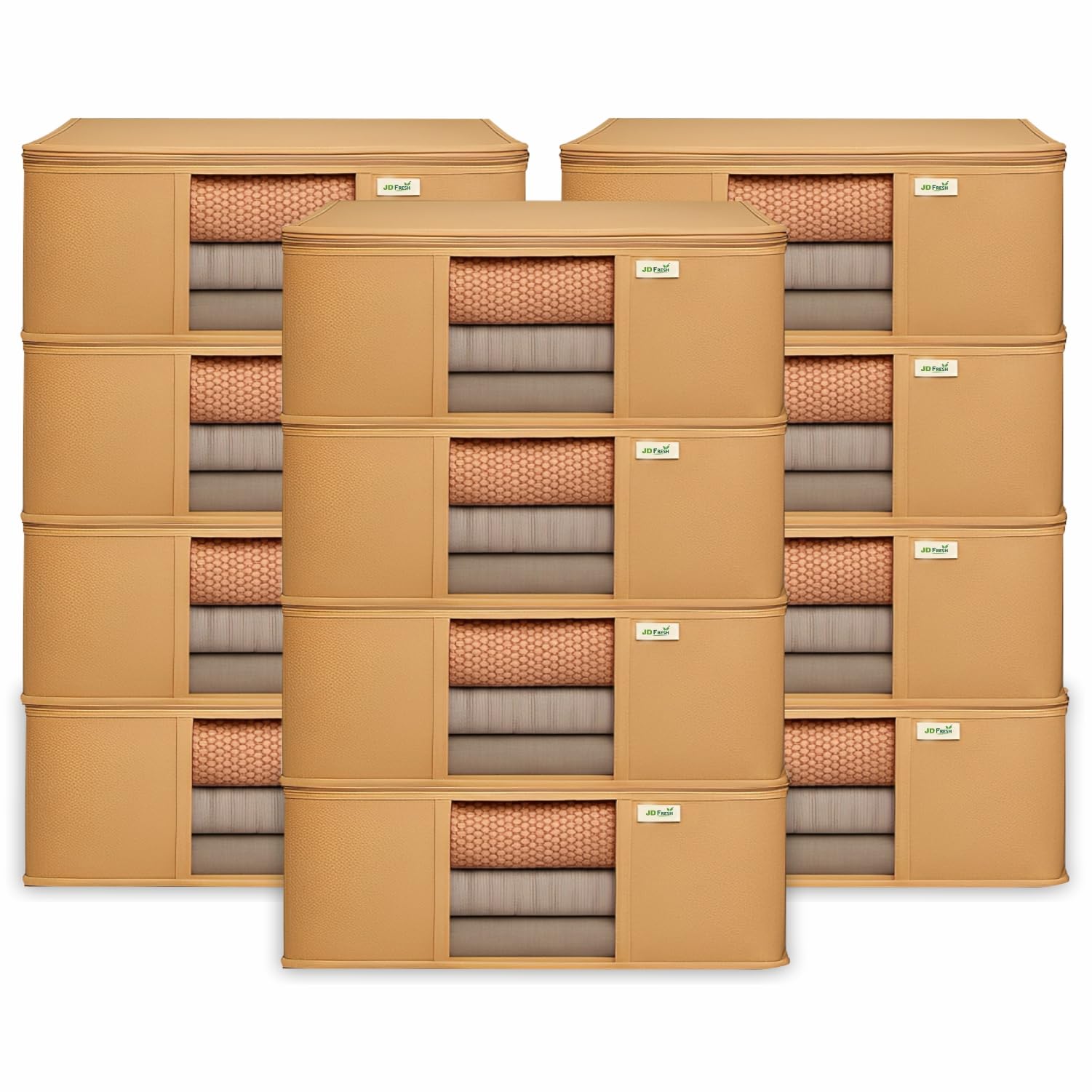 JD FRESH 12 Pcs Non-Woven Saree Covers/Storage Bags with Zip Cover/Space Saving Bag with Transparent Window/Bedsheets/Lehengas/Wardrobe-Cupboard Organizer for Clothes (17 X 14 x 6.5 Inch/Orange)