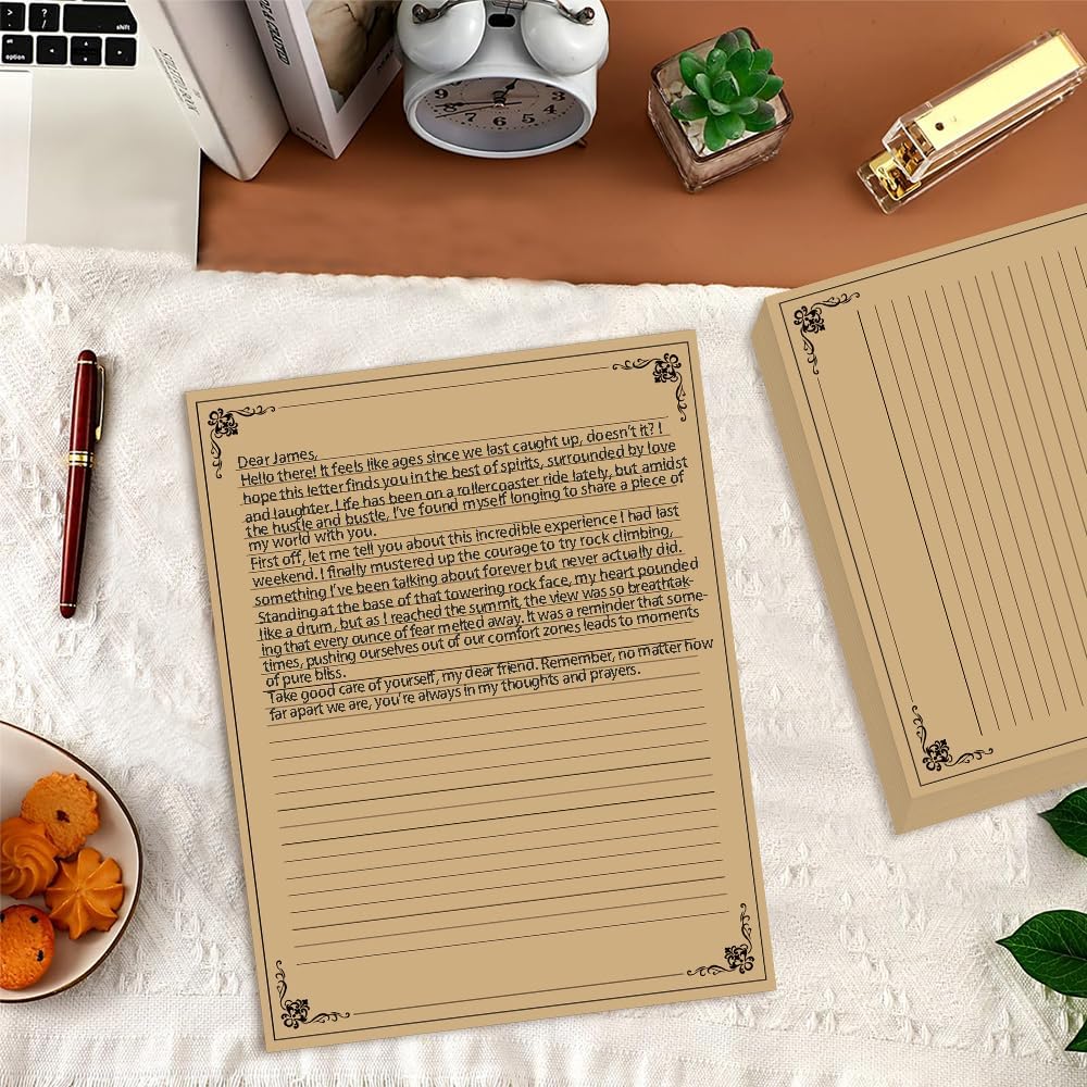 (3-Pack) Vintage Lined Paper - 150 Sheets Stationary Paper for Writing Letters, 100gsm, Stationery for Writing Letters, Invitations, Stationery Writing Papers, 8.5'' x 11'', Brown