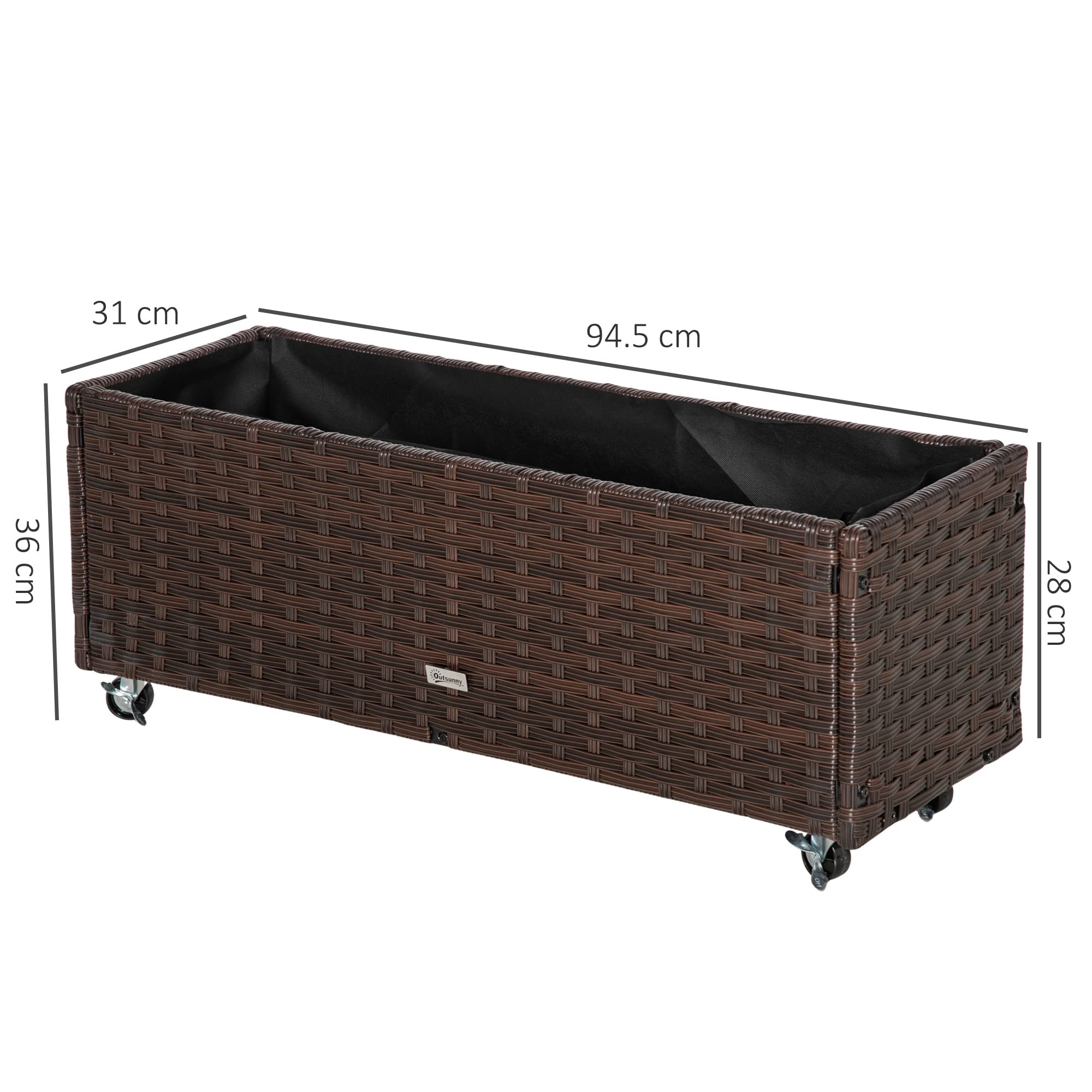 Outsunny Fioriera Rialzata, Letto per Orto in Rattan Sintetico con 4 Ruote Bloccabili, per Interni ed Esterni, 94.5x31x36cm Grigio talpa