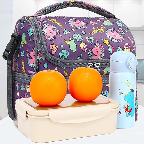 Miniatura 7 de FlowFly Lonchera térmica de dos pisos con aislamiento para niños, niñas, hombres y mujeres, con correa ajustable (unicornio púrpura)