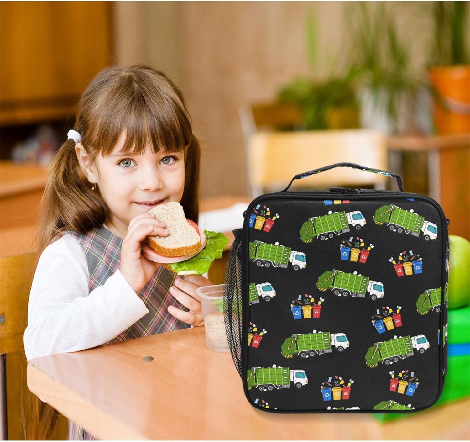 Garbage Truck Trash Recycling Lunch Box Insulated Lunch Bag Prep Kids Cooler Tote Freezable Shoulder Strap Waterproof Picnic Meal for School Office